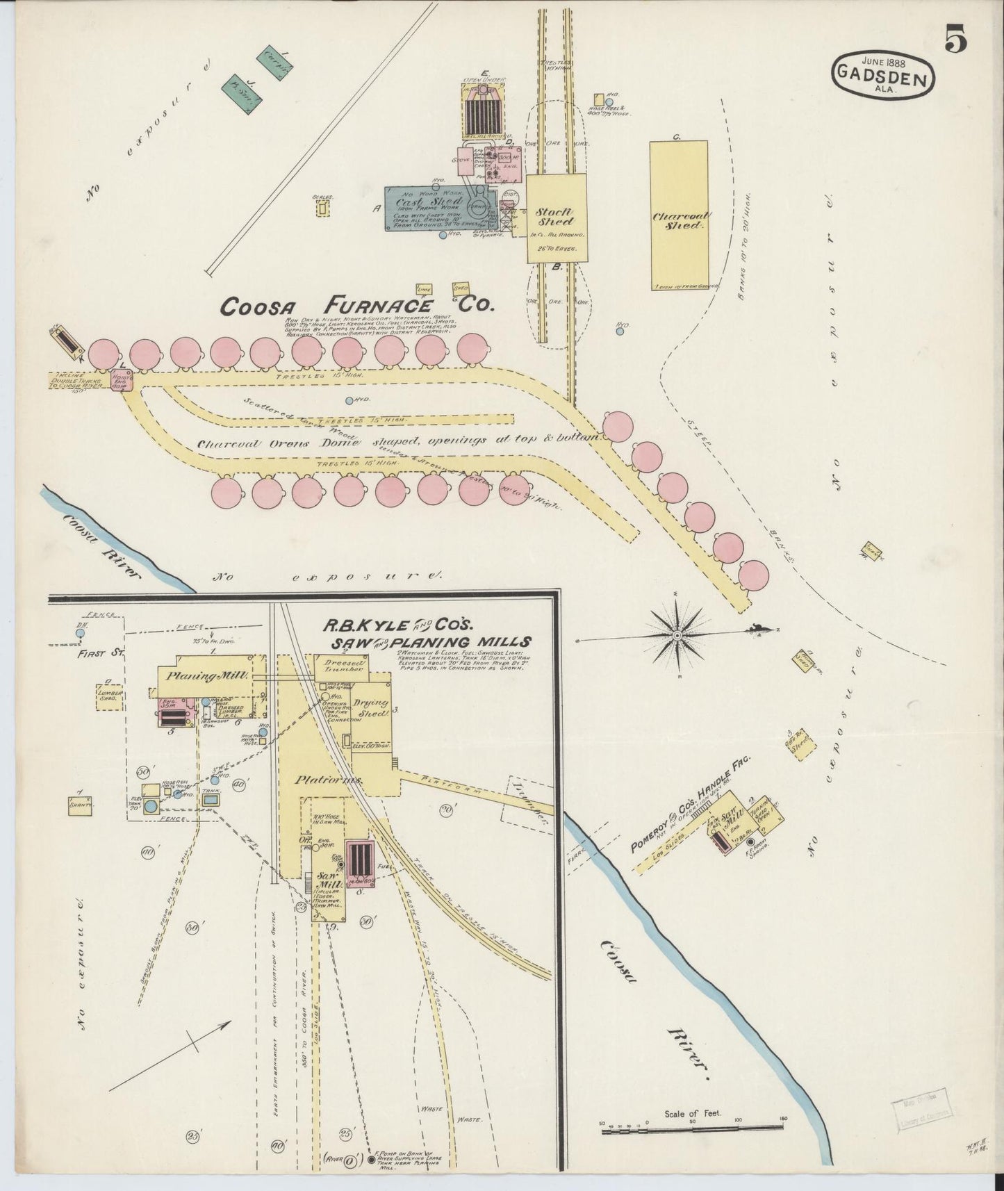 Sanborn Fire Insurance Map from Gadsden, Etowah County, Alabama (1888), Sheet #0005 - Historic Sanborn Fire Insurance Map Print, vintage old map wall art, antique decor, genealogy gift, Alabama Alabama map