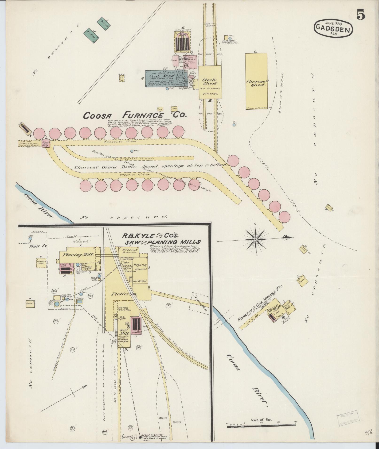 Sanborn Fire Insurance Map from Gadsden, Etowah County, Alabama (1888), Sheet #0005 - Historic Sanborn Fire Insurance Map Print, vintage old map wall art, antique decor, genealogy gift, Alabama Alabama map