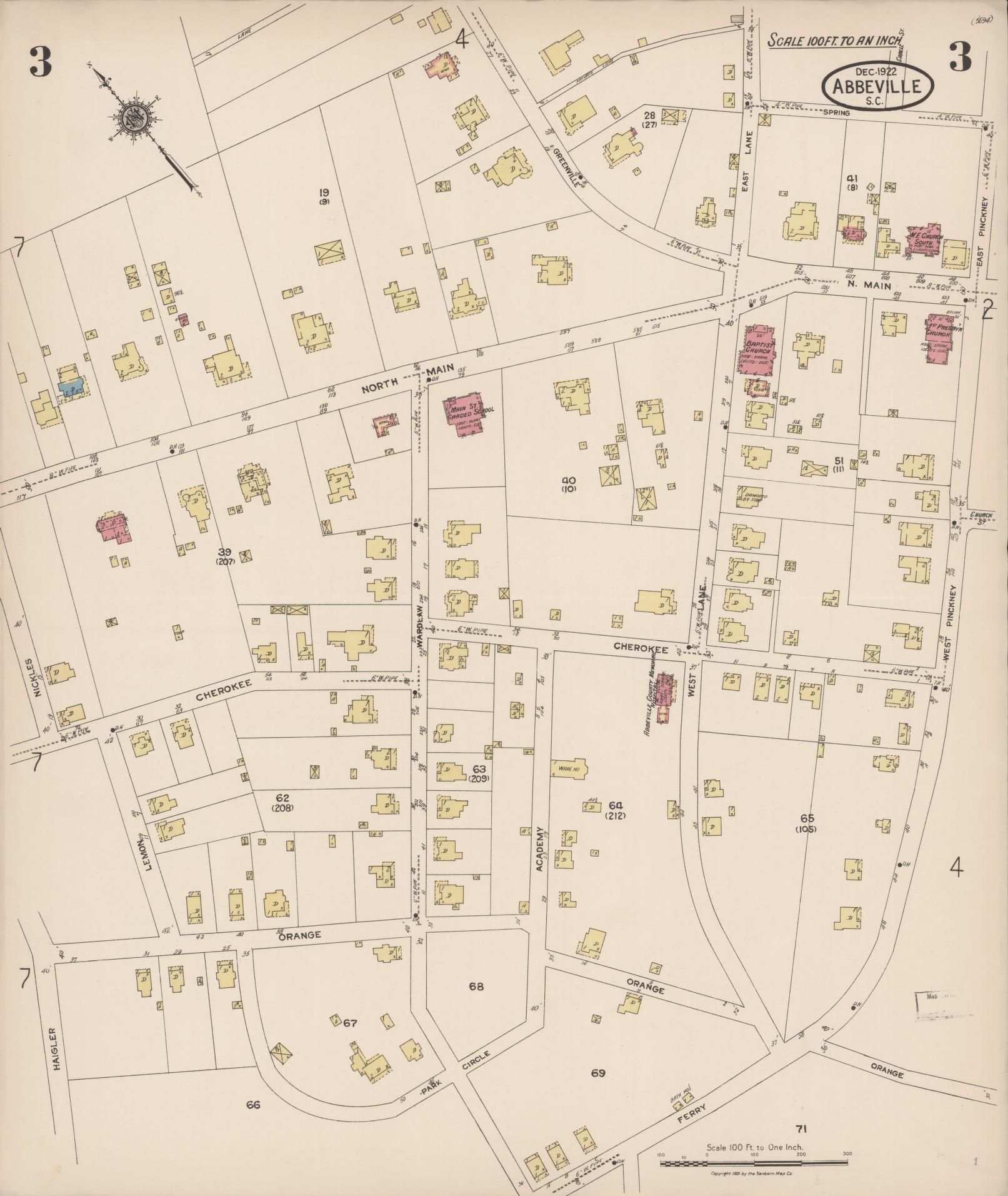 Sanborn Fire Insurance Map from Abbeville, Abbeville County, South Carolina (1922), Sheet #0003 - Historic Sanborn Fire Insurance Map Print, vintage old map wall art, antique decor, genealogy gift, South Carolina South Carolina map