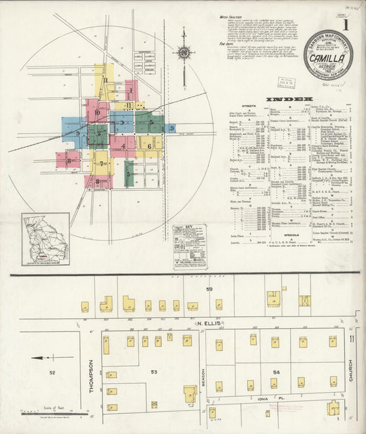 Sanborn Fire Insurance Map from Camilla, Mitchell County, Georgia (1921), Sheet #0001 - Historic Sanborn Fire Insurance Map Print, vintage old map wall art, antique decor, genealogy gift, Georgia Georgia map