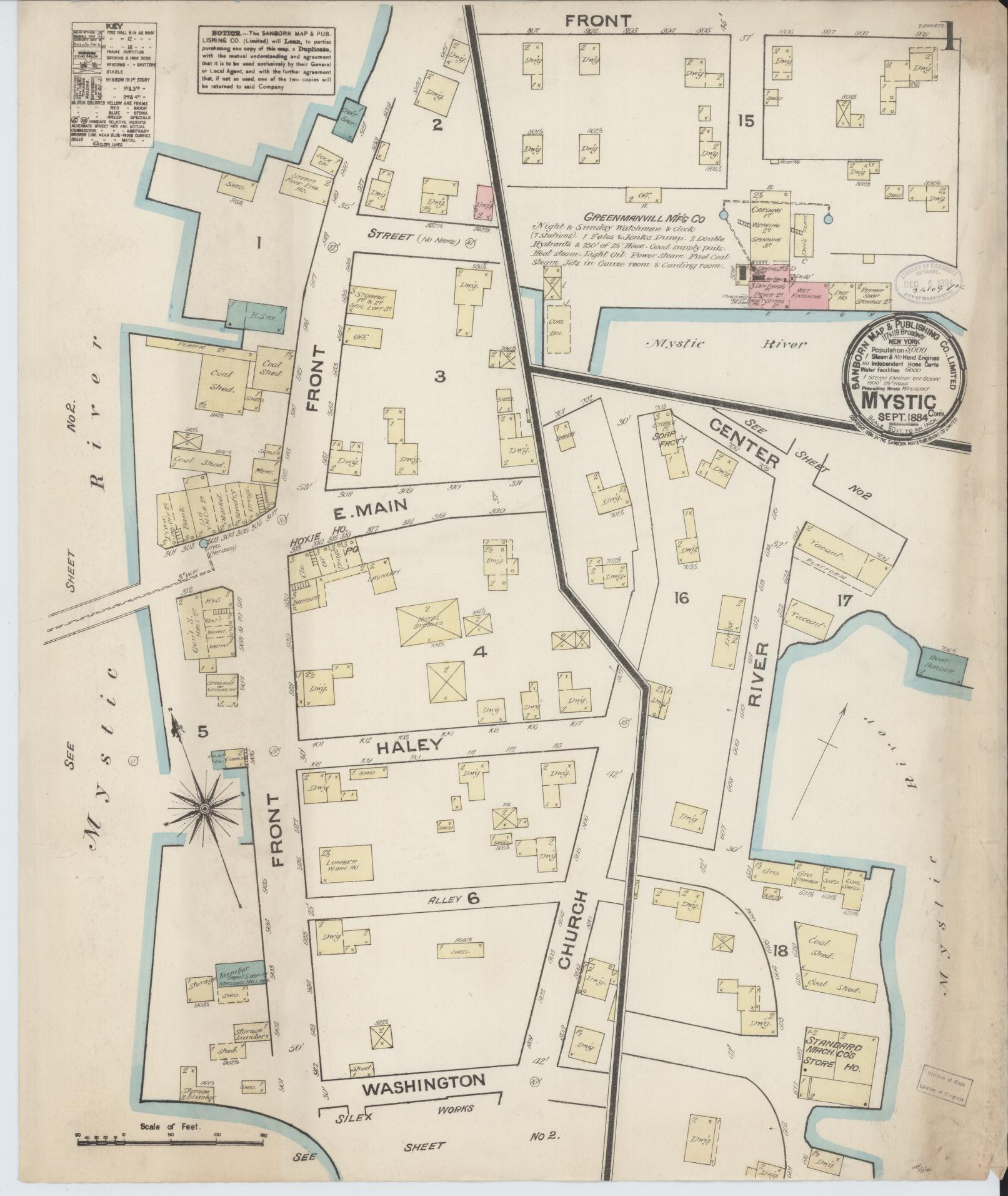 Sanborn Fire Insurance Map from Mystic, New London County, Connecticut (1884), Sheet #0001 - Historic Sanborn Fire Insurance Map Print, vintage old map wall art, antique decor, genealogy gift, Connecticut Connecticut map