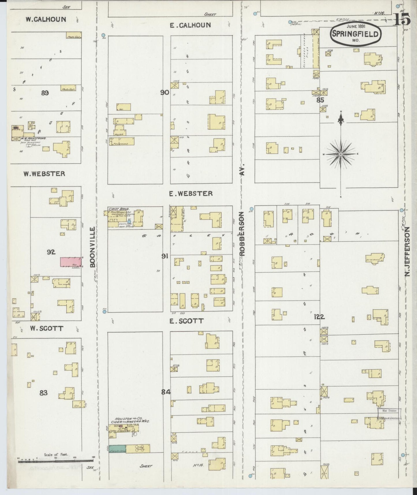 Sanborn Fire Insurance Map from Springfield, Greene County, Missouri (1891), Sheet #0015 - Historic Sanborn Fire Insurance Map Print, vintage old map wall art, antique decor, genealogy gift, Missouri Missouri map
