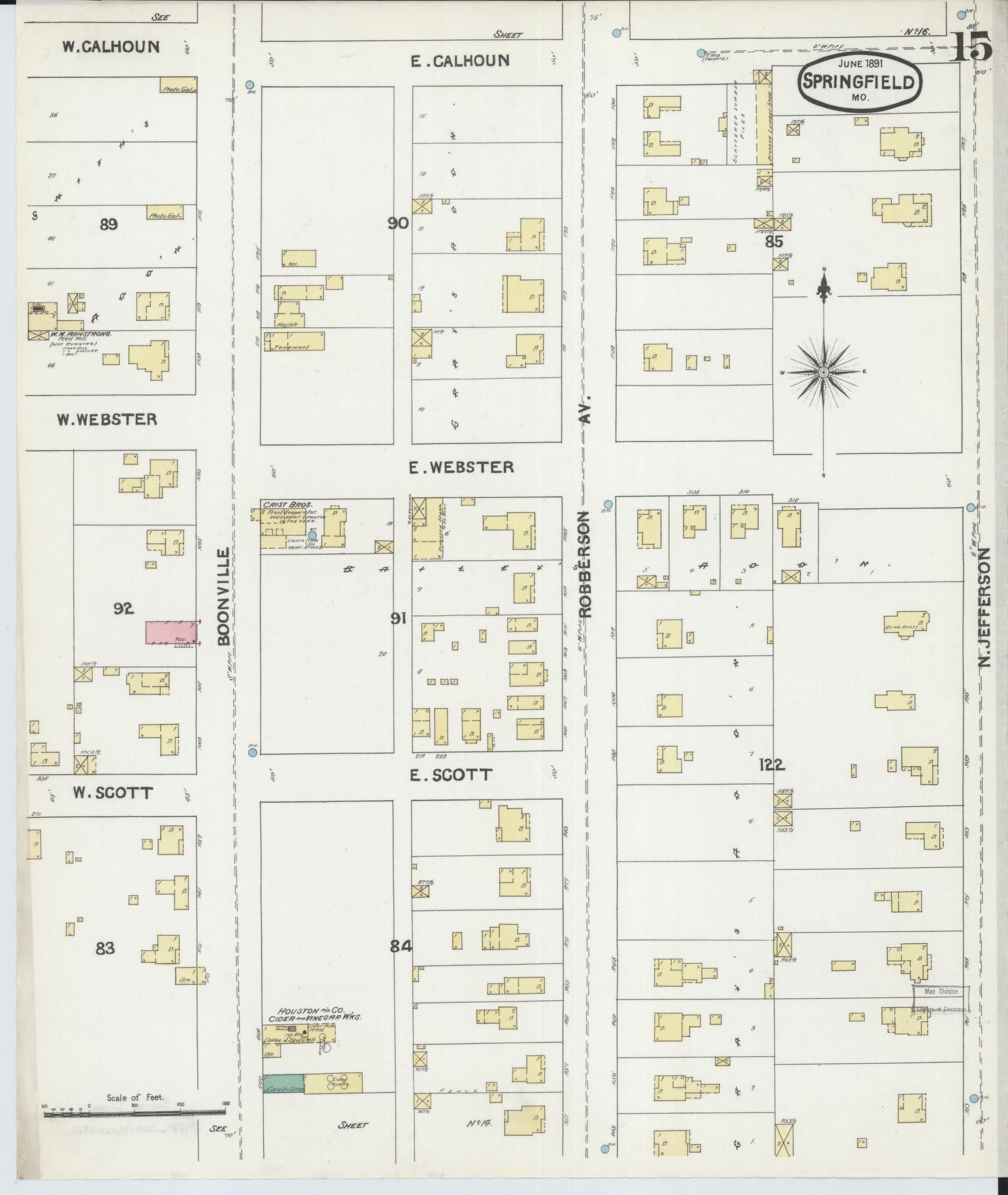 Sanborn Fire Insurance Map from Springfield, Greene County, Missouri (1891), Sheet #0015 - Historic Sanborn Fire Insurance Map Print, vintage old map wall art, antique decor, genealogy gift, Missouri Missouri map