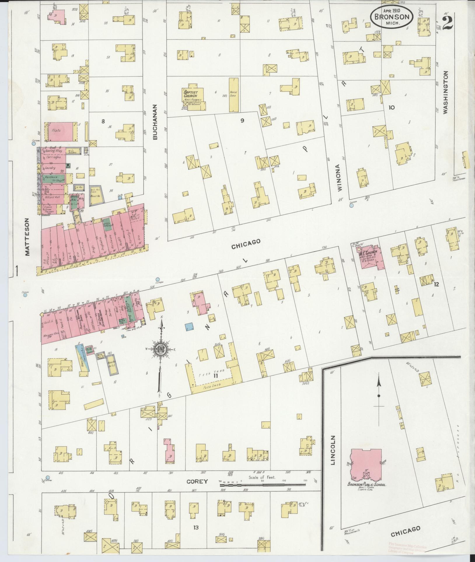 Sanborn Fire Insurance Map from Bronson, Branch County, Michigan (1916), Sheet #0002 - Complete Map Set gallery image, historic Sanborn map, vintage wall art, Michigan Michigan