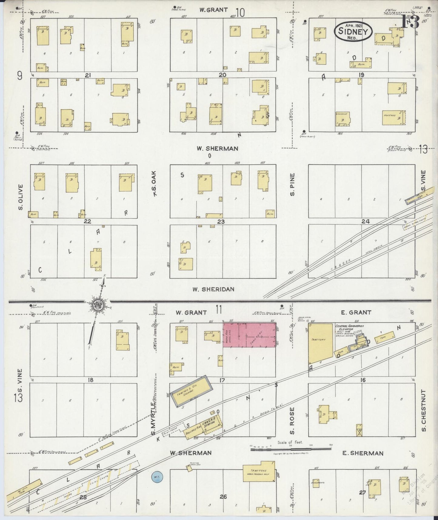 Sanborn Fire Insurance Map from Sidney, Cheyenne County, Nebraska (1921), Sheet #0013 - Complete Map Set gallery image, historic Sanborn map, vintage wall art, Nebraska Nebraska