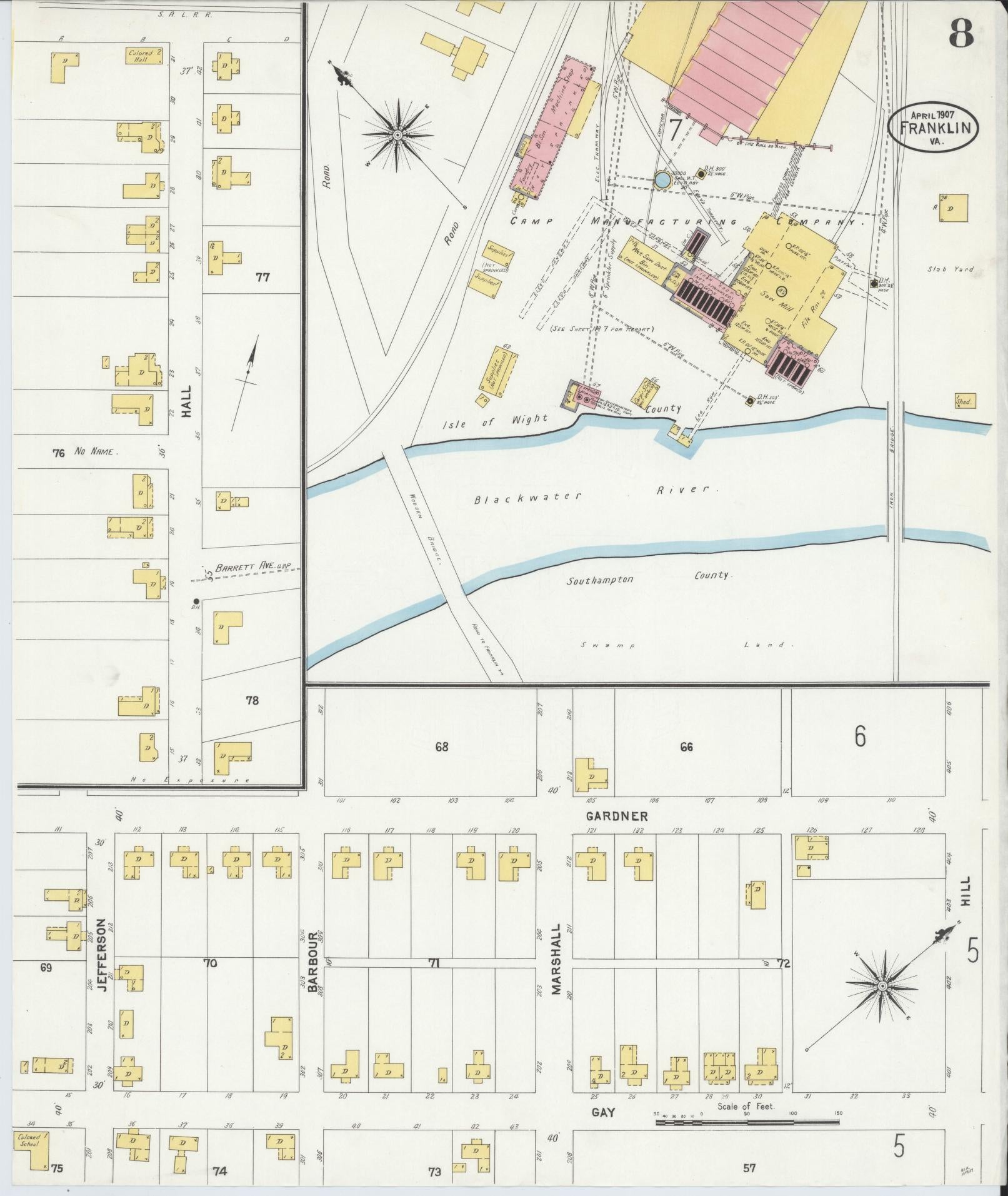 Sanborn Fire Insurance Map from Franklin, Independent Cities, Virginia (1907), Sheet #0008 - Complete Map Set gallery image, historic Sanborn map, vintage wall art, Virginia Virginia