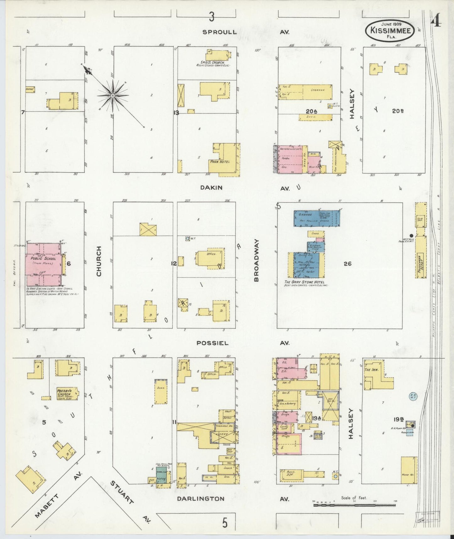 Sanborn Fire Insurance Map from Kissimmee, Osceola County, Florida (1909), Sheet #0004 - Complete Map Set gallery image, historic Sanborn map, vintage wall art, Florida Florida