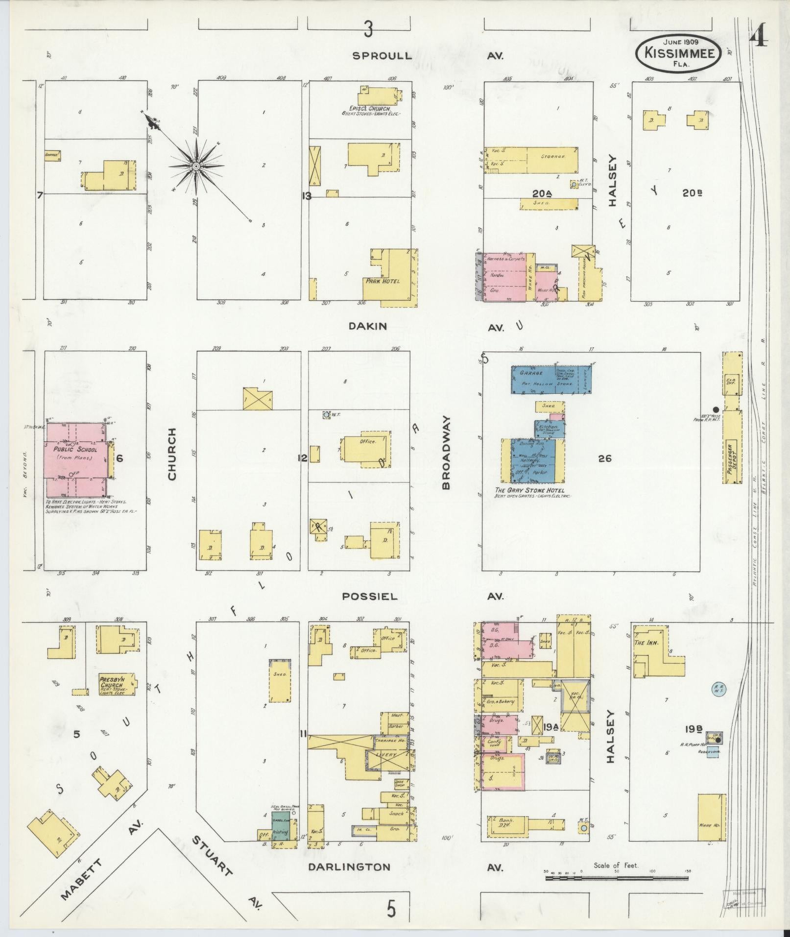 Sanborn Fire Insurance Map from Kissimmee, Osceola County, Florida (1909), Sheet #0004 - Complete Map Set gallery image, historic Sanborn map, vintage wall art, Florida Florida