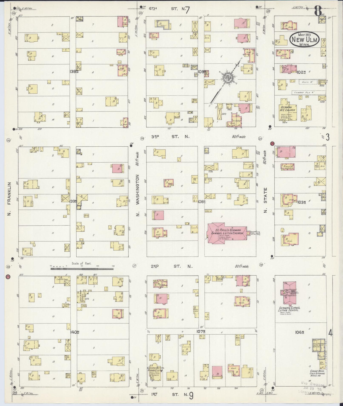 Sanborn Fire Insurance Map from New Ulm, Brown County, Minnesota (1913), Sheet #0008 - Complete Map Set gallery image, historic Sanborn map, vintage wall art, Minnesota Minnesota