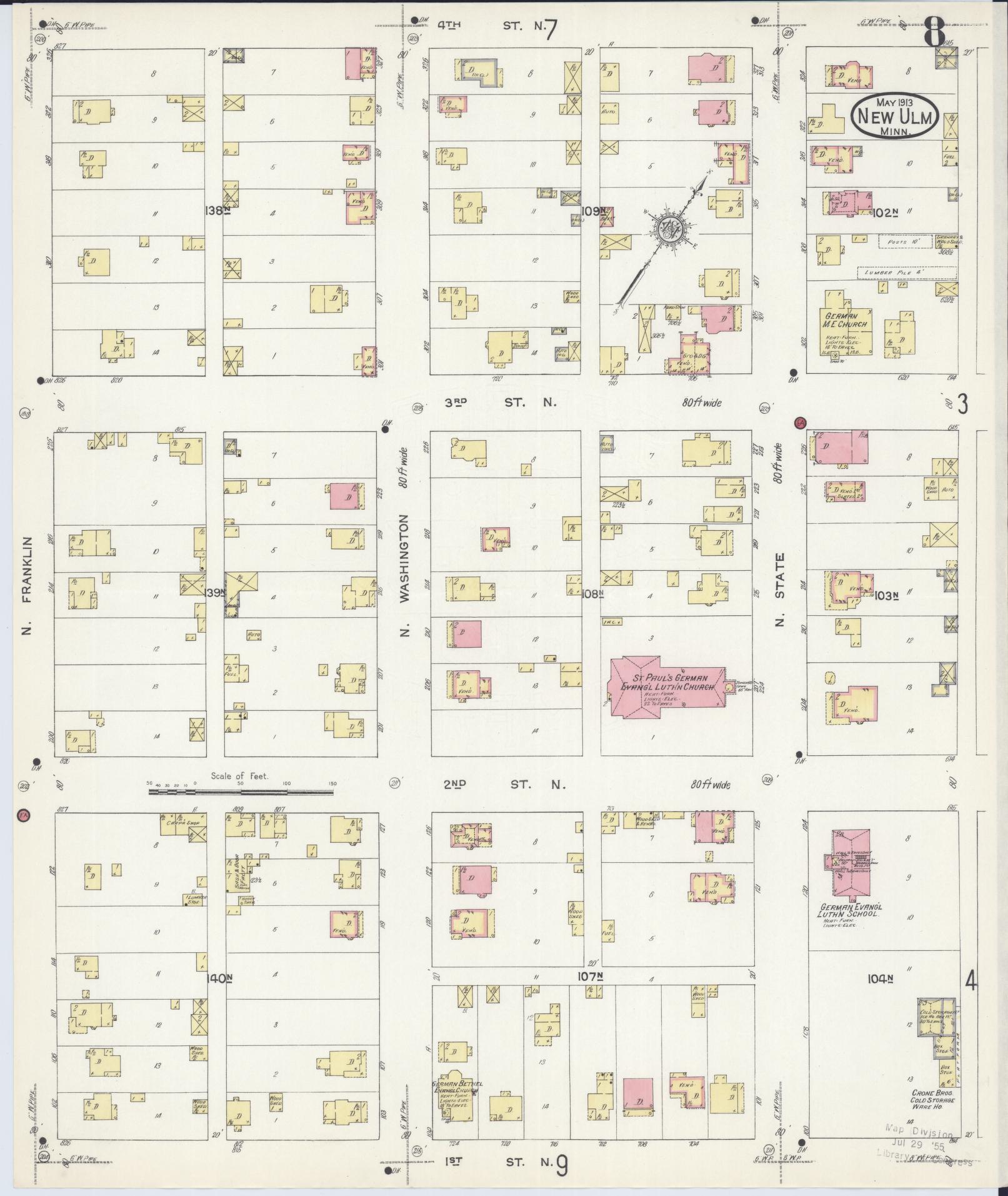 Sanborn Fire Insurance Map from New Ulm, Brown County, Minnesota (1913), Sheet #0008 - Complete Map Set gallery image, historic Sanborn map, vintage wall art, Minnesota Minnesota