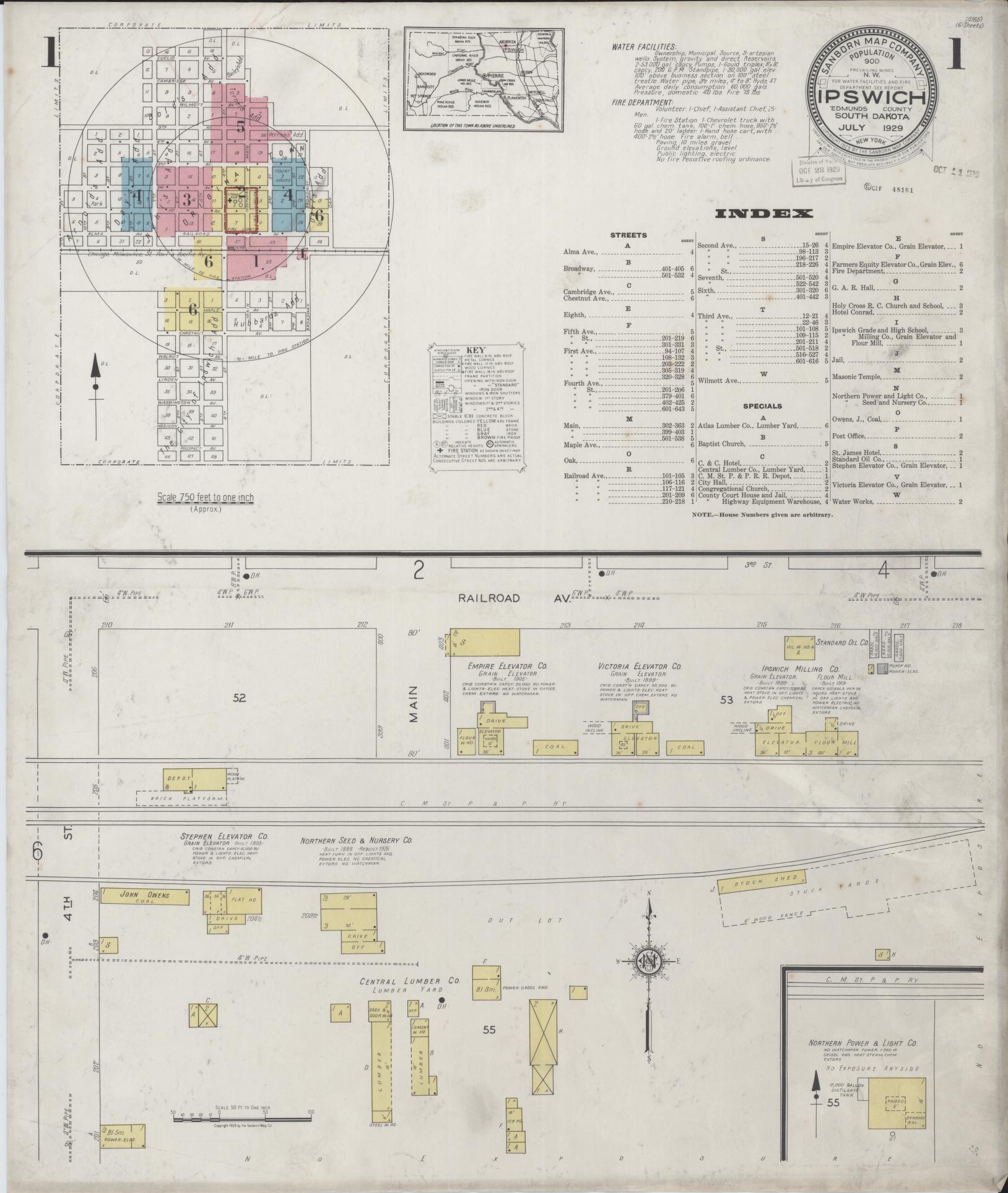 Sanborn Fire Insurance Map from Ipswich, Edmunds County, South Dakota (1929), Sheet #0001 - Complete Map Set gallery image, historic Sanborn map, vintage wall art, South Dakota South Dakota