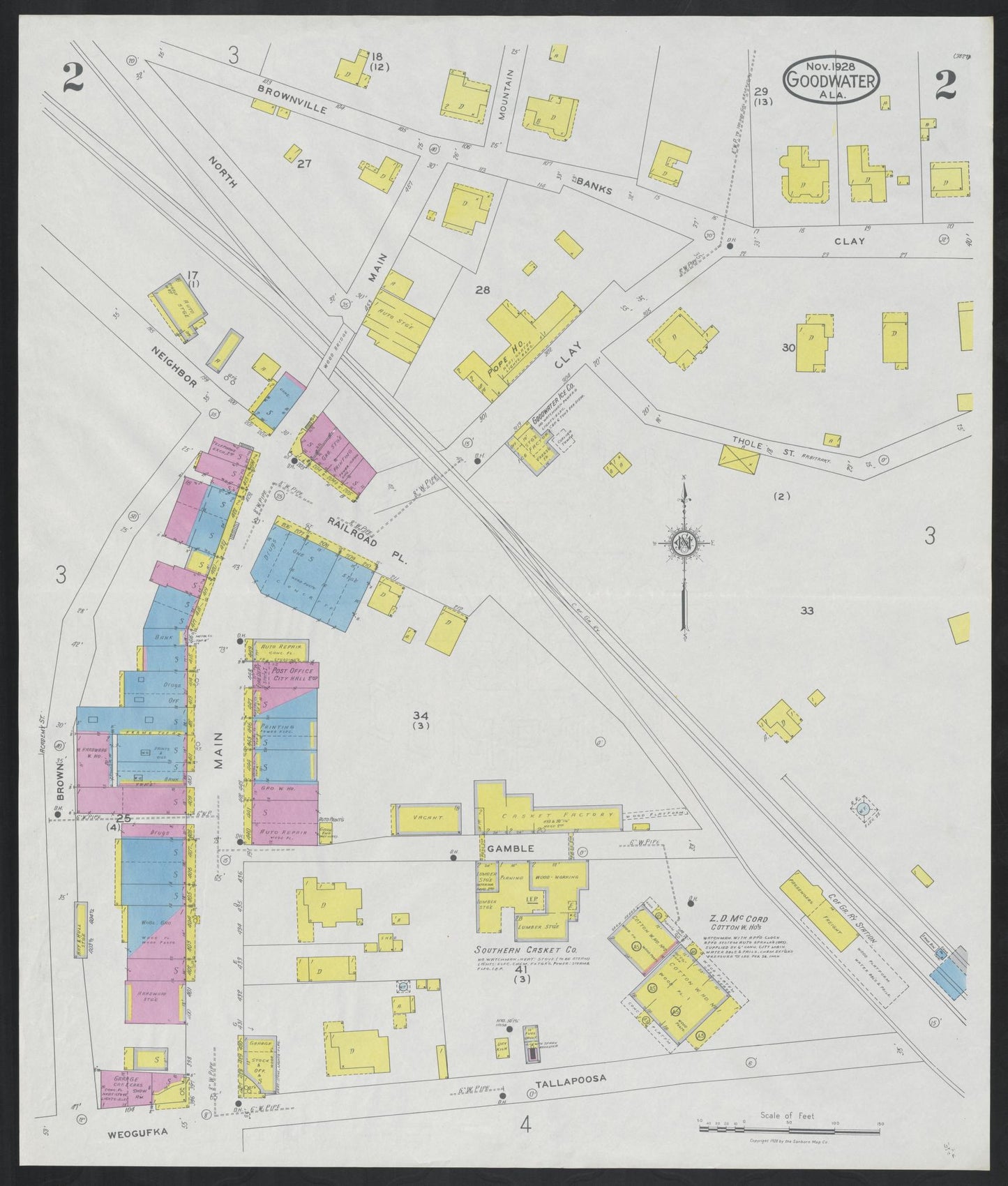 Sanborn Fire Insurance Map from Goodwater, Coosa County, Alabama (1928), Sheet #0002 - Historic Sanborn Fire Insurance Map Print, vintage old map wall art, antique decor, genealogy gift, Alabama Alabama map