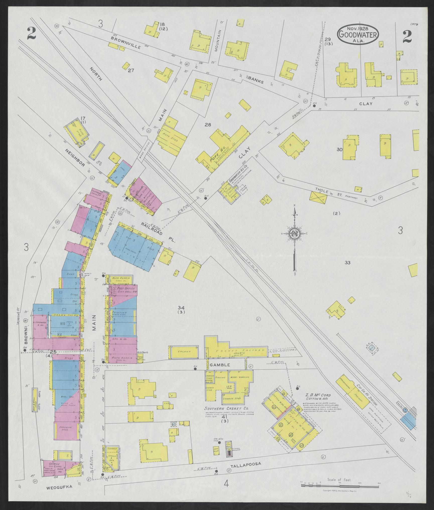 Sanborn Fire Insurance Map from Goodwater, Coosa County, Alabama (1928), Sheet #0002 - Historic Sanborn Fire Insurance Map Print, vintage old map wall art, antique decor, genealogy gift, Alabama Alabama map