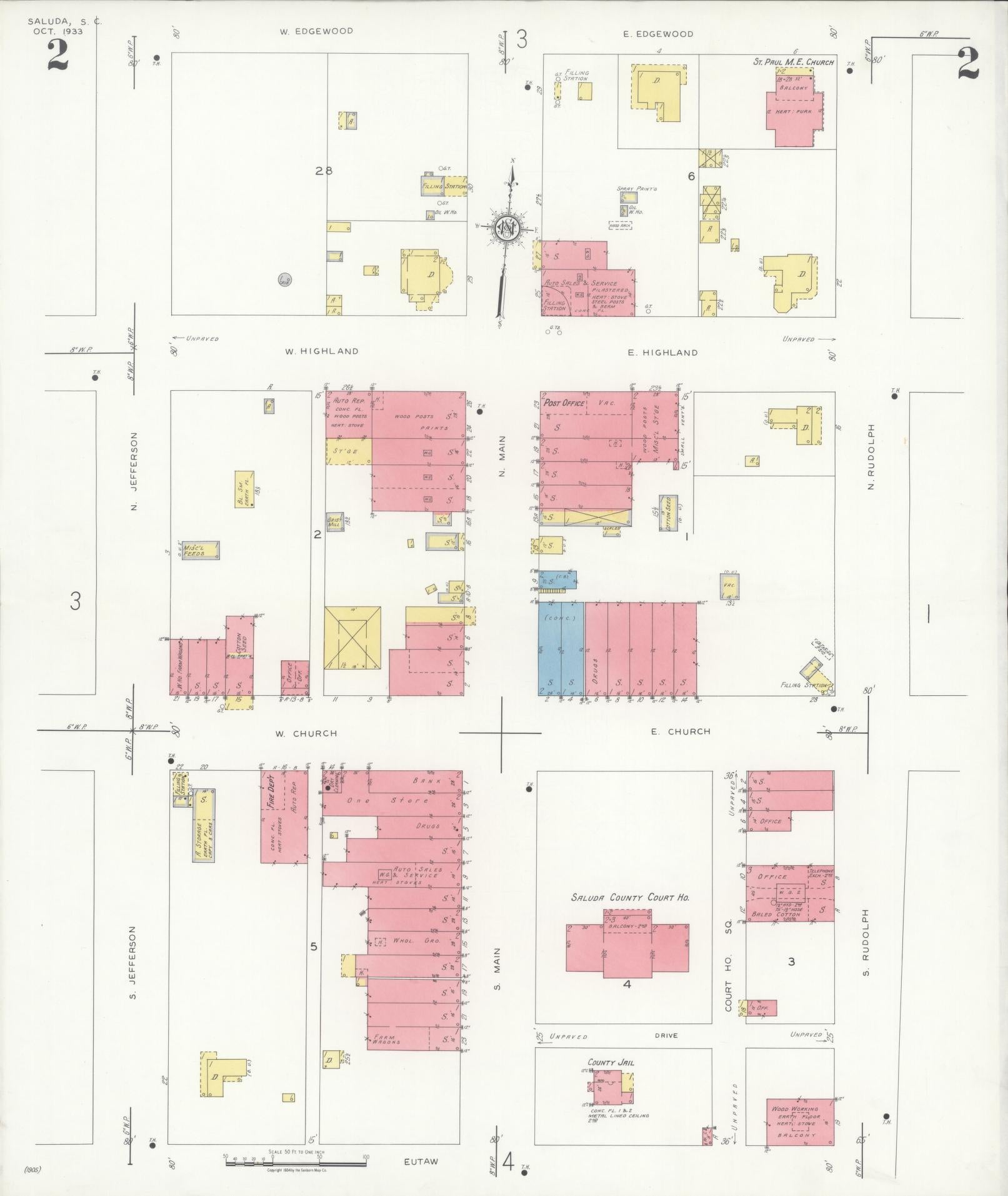Sanborn Fire Insurance Map from Saluda, Saluda County, South Carolina (1933), Sheet #0002 - Complete Map Set gallery image, historic Sanborn map, vintage wall art, South Carolina South Carolina
