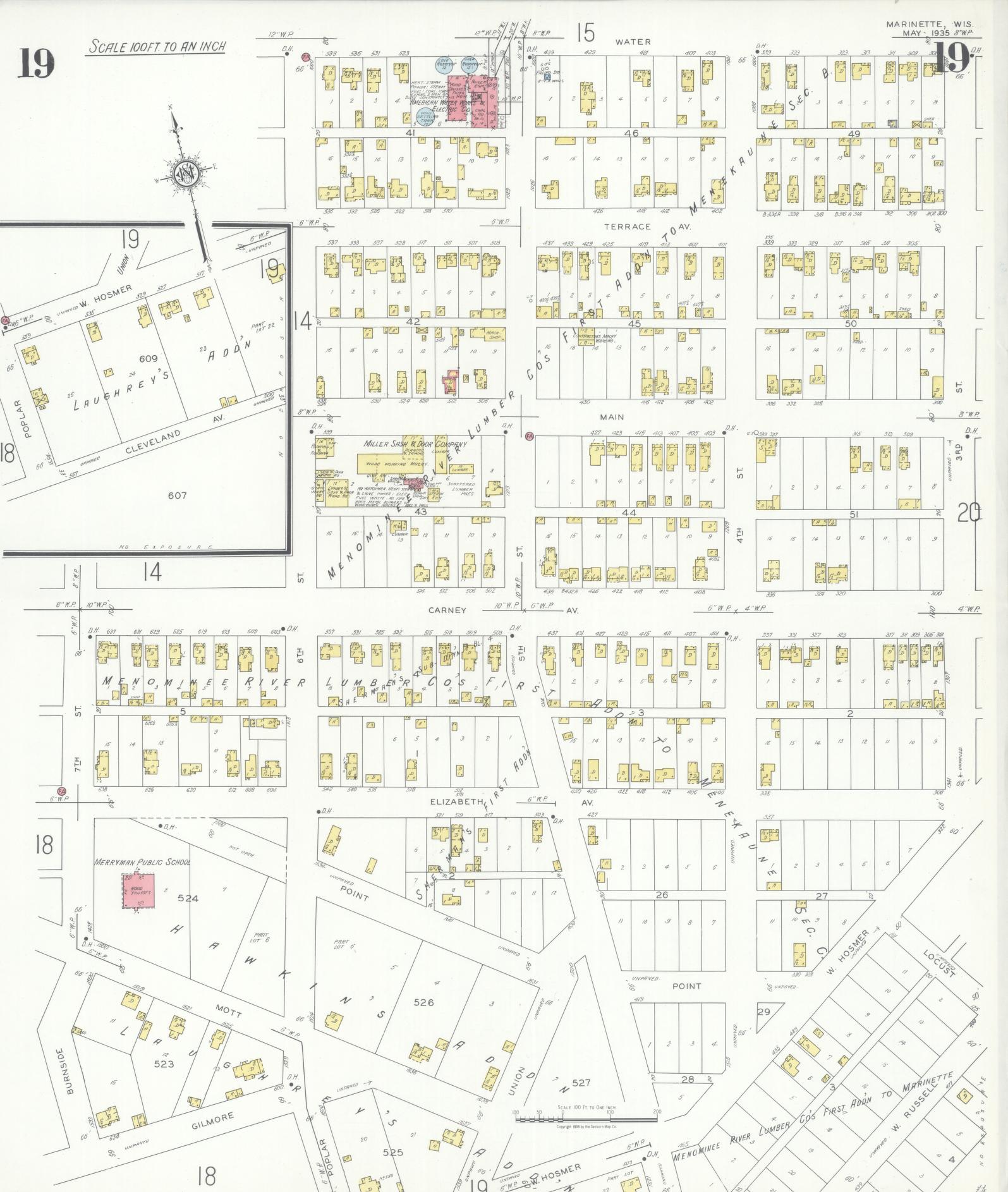 Sanborn Fire Insurance Map from Marinette, Marinette County, Wisconsin (1935), Sheet #0019 - Historic Sanborn Fire Insurance Map Print, vintage old map wall art, antique decor, genealogy gift, Wisconsin Wisconsin map