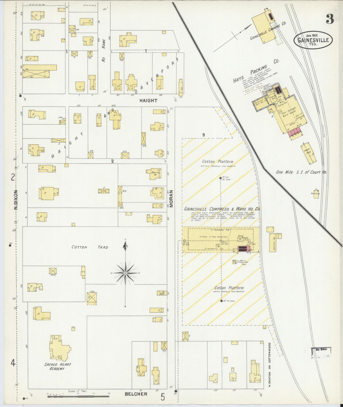 Sanborn Fire Insurance Map from Gainesville, Cooke County, Texas (1902), Sheet #0003 - Historic Sanborn Fire Insurance Map Print, vintage old map wall art, antique decor, genealogy gift, Texas Texas map