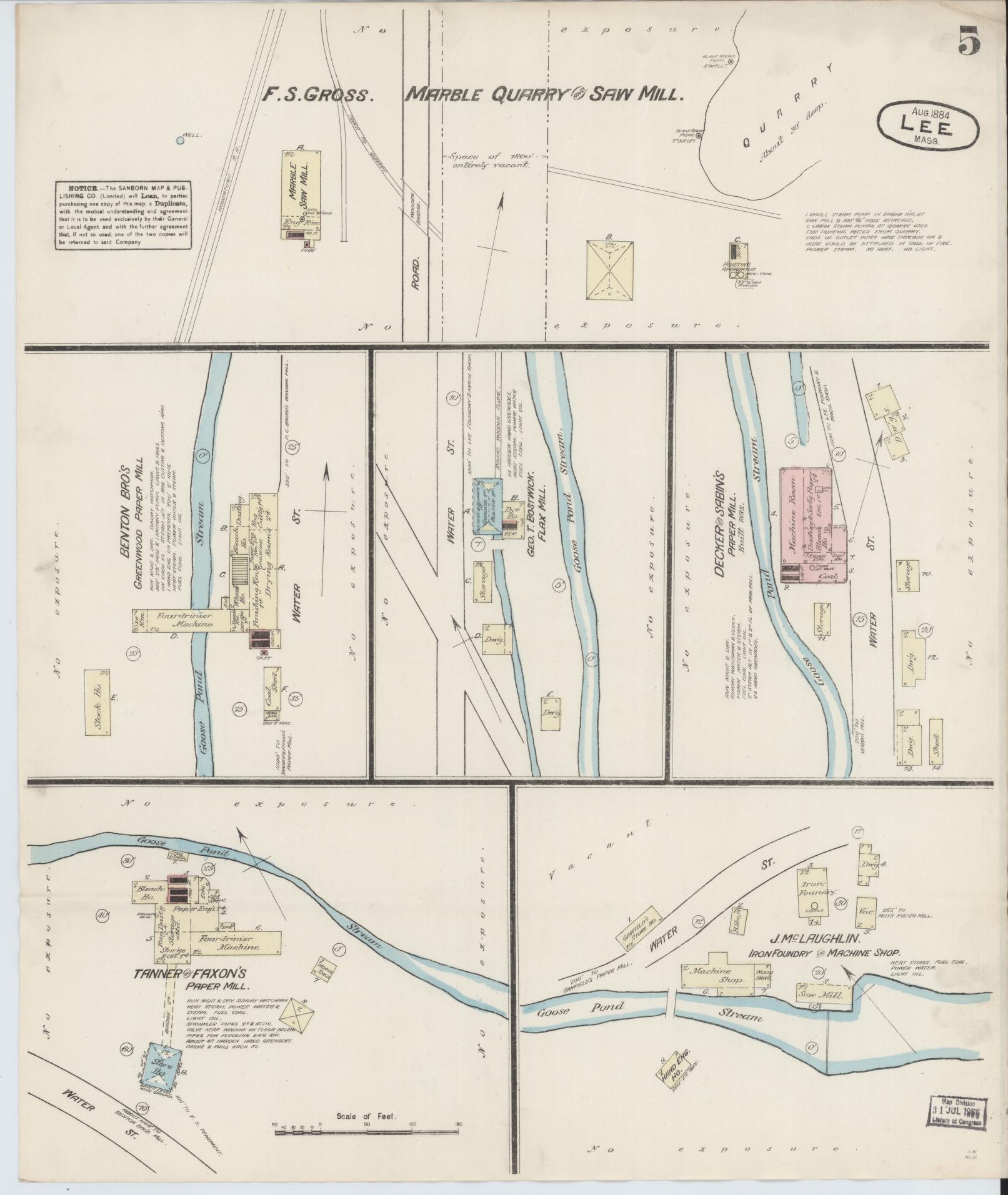 Sanborn Fire Insurance Map from Lee, Berkshire County, Massachusetts (1884), Sheet #0005 - Historic Sanborn Fire Insurance Map Print, vintage old map wall art, antique decor, genealogy gift, Massachusetts Massachusetts map