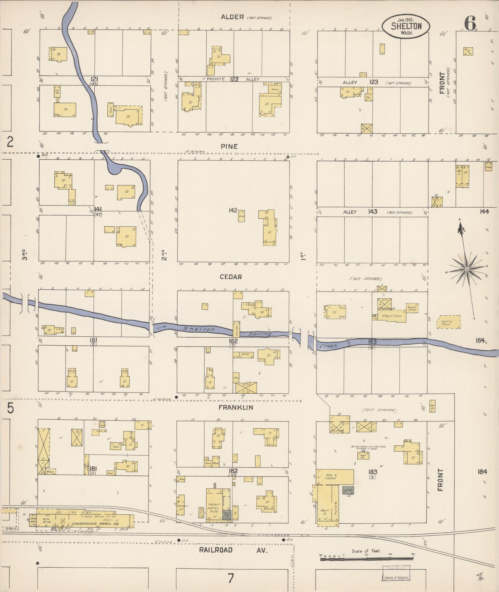Sanborn Fire Insurance Map from Shelton, Mason County, Washington (1910), Sheet #0006 - Complete Map Set gallery image, historic Sanborn map, vintage wall art, Washington Washington