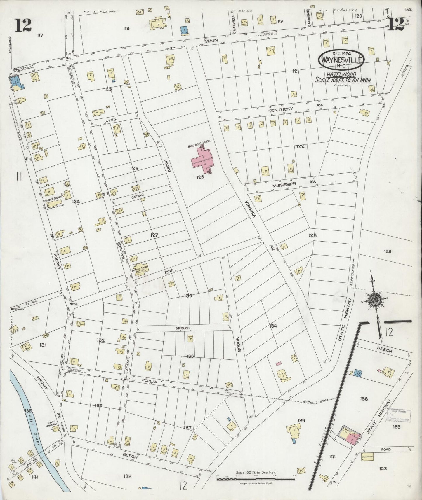 Sanborn Fire Insurance Map from Waynesville, Haywood County, North Carolina (1924), Sheet #0012 - Complete Map Set gallery image, historic Sanborn map, vintage wall art, North Carolina North Carolina