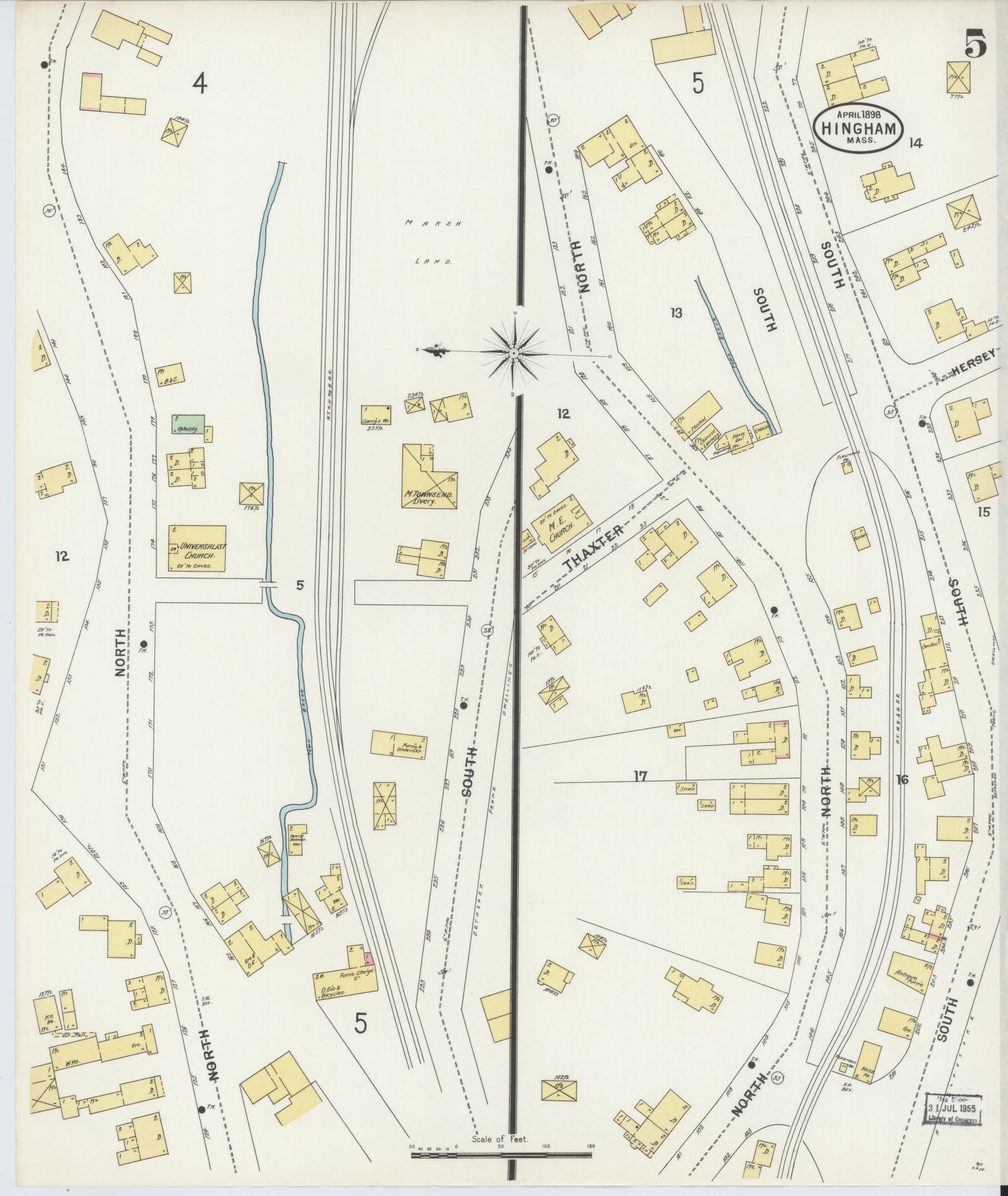 Sanborn Fire Insurance Map from Hingham, Plymouth County, Massachusetts (1898), Sheet #0005 - Historic Sanborn Fire Insurance Map Print, vintage old map wall art, antique decor, genealogy gift, Massachusetts Massachusetts map