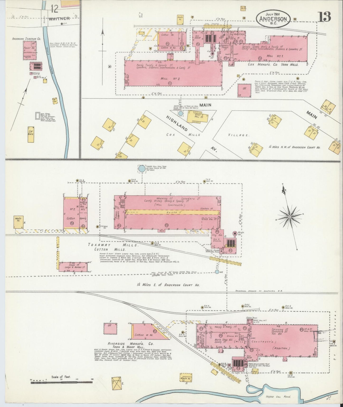 Sanborn Fire Insurance Map from Anderson, Anderson County, South Carolina (1906), Sheet #0013 - Complete Map Set gallery image, historic Sanborn map, vintage wall art, South Carolina South Carolina