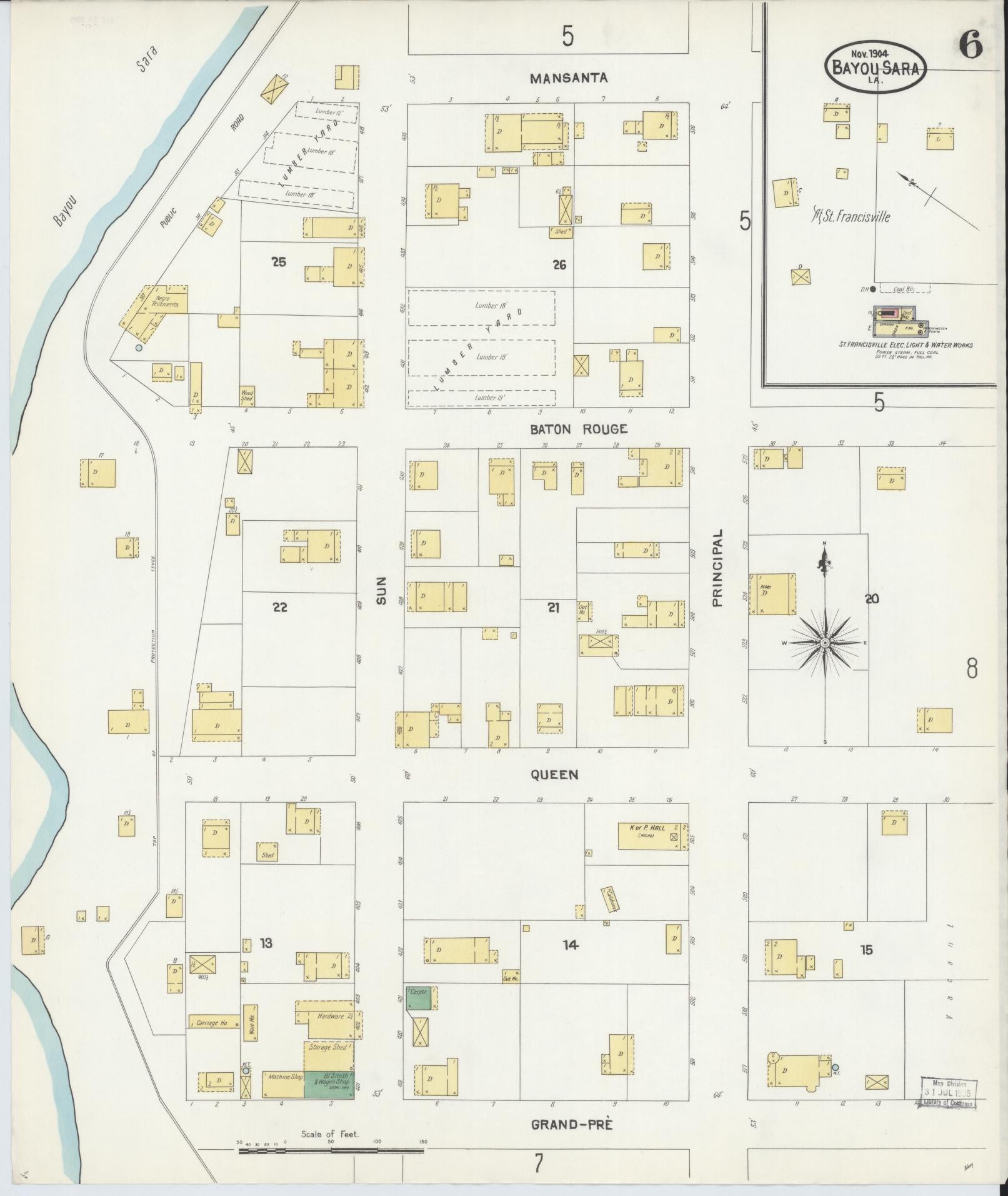 Sanborn Fire Insurance Map from Bayou Sara, West Feliciana Parish, Louisiana (1904), Sheet #0006 - Historic Sanborn Fire Insurance Map Print, vintage old map wall art, antique decor, genealogy gift, Louisiana Louisiana map