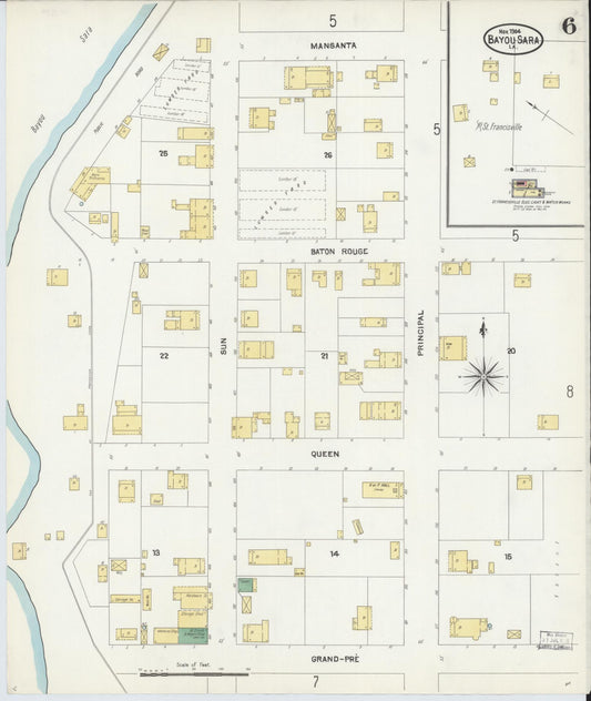 Sanborn Fire Insurance Map from Bayou Sara, West Feliciana Parish, Louisiana (1904), Sheet #0006 - Historic Sanborn Fire Insurance Map Print, vintage old map wall art, antique decor, genealogy gift, Louisiana Louisiana map