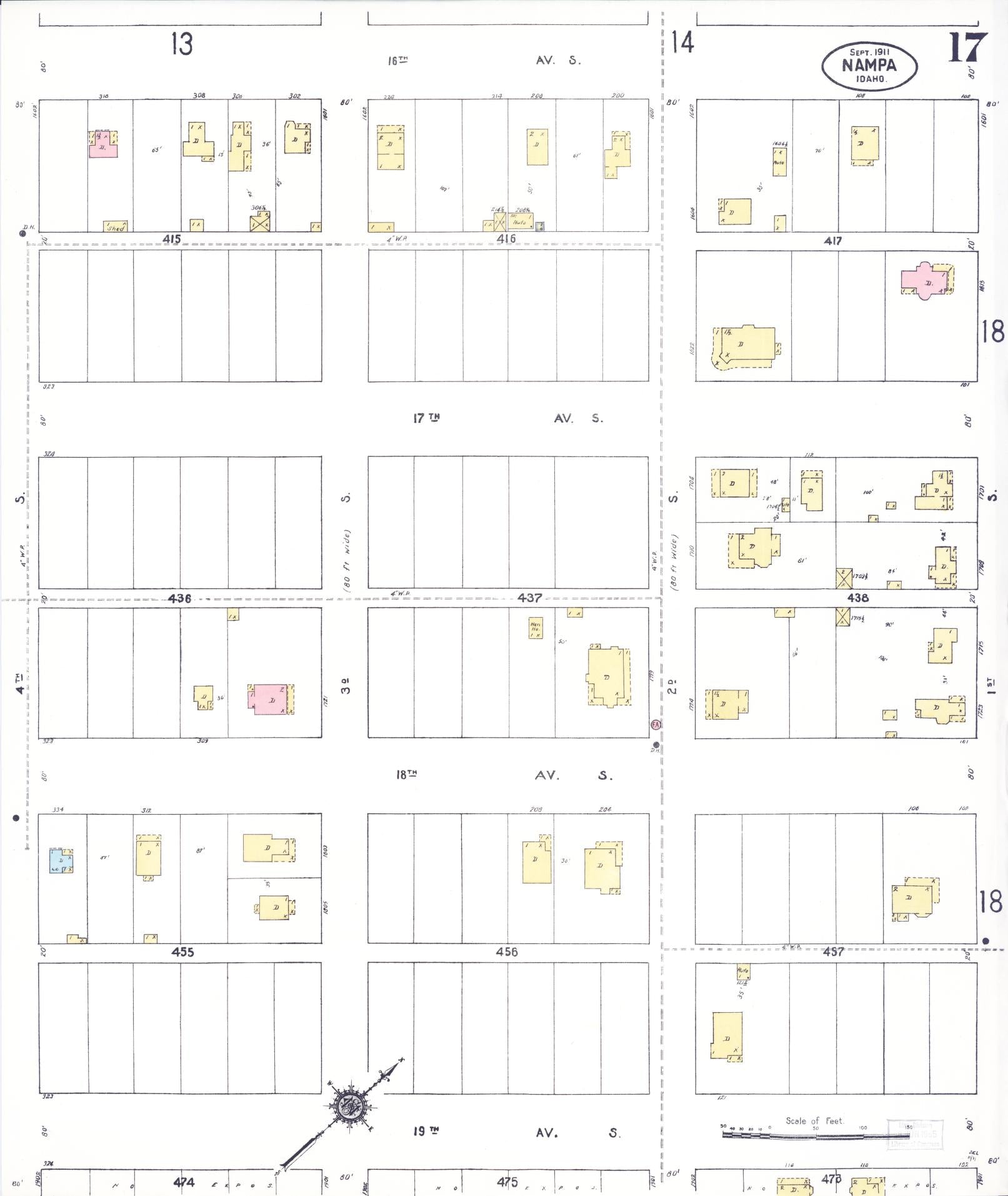 Sanborn Fire Insurance Map from Nampa, Canyon County, Idaho (1911), Sheet #0017 - Historic Sanborn Fire Insurance Map Print, vintage old map wall art, antique decor, genealogy gift, Idaho Idaho map
