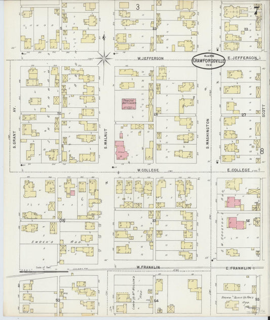 Sanborn Fire Insurance Map from Crawfordsville, Montgomery County, Indiana (1896), Sheet #0007 - Historic Sanborn Fire Insurance Map Print, vintage old map wall art, antique decor, genealogy gift, Indiana Indiana map