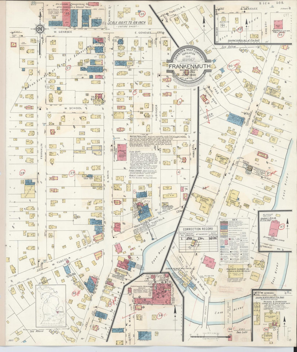 Sanborn Fire Insurance Map from Frankenmuth, Saginaw County, Michigan (1942), Sheet #0001 - Historic Sanborn Fire Insurance Map Print, vintage old map wall art, antique decor, genealogy gift, Michigan Michigan map