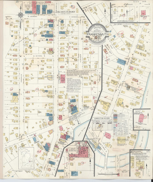 Sanborn Fire Insurance Map from Frankenmuth, Saginaw County, Michigan (1942), Sheet #0001 - Historic Sanborn Fire Insurance Map Print, vintage old map wall art, antique decor, genealogy gift, Michigan Michigan map