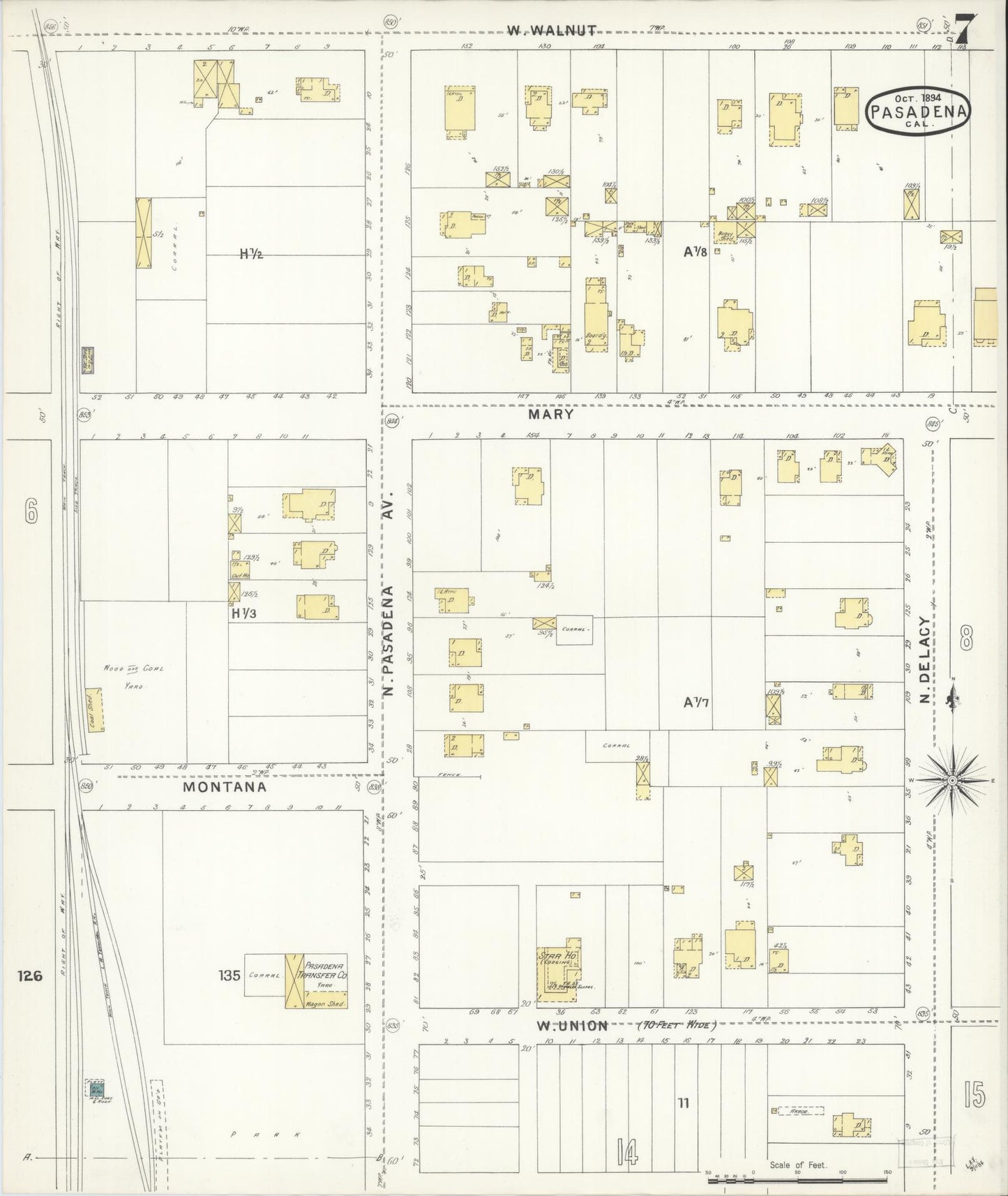 Sanborn Fire Insurance Map from Pasadena, Los Angeles County, California (1894), Sheet #0007 - Complete Map Set gallery image, historic Sanborn map, vintage wall art, California California