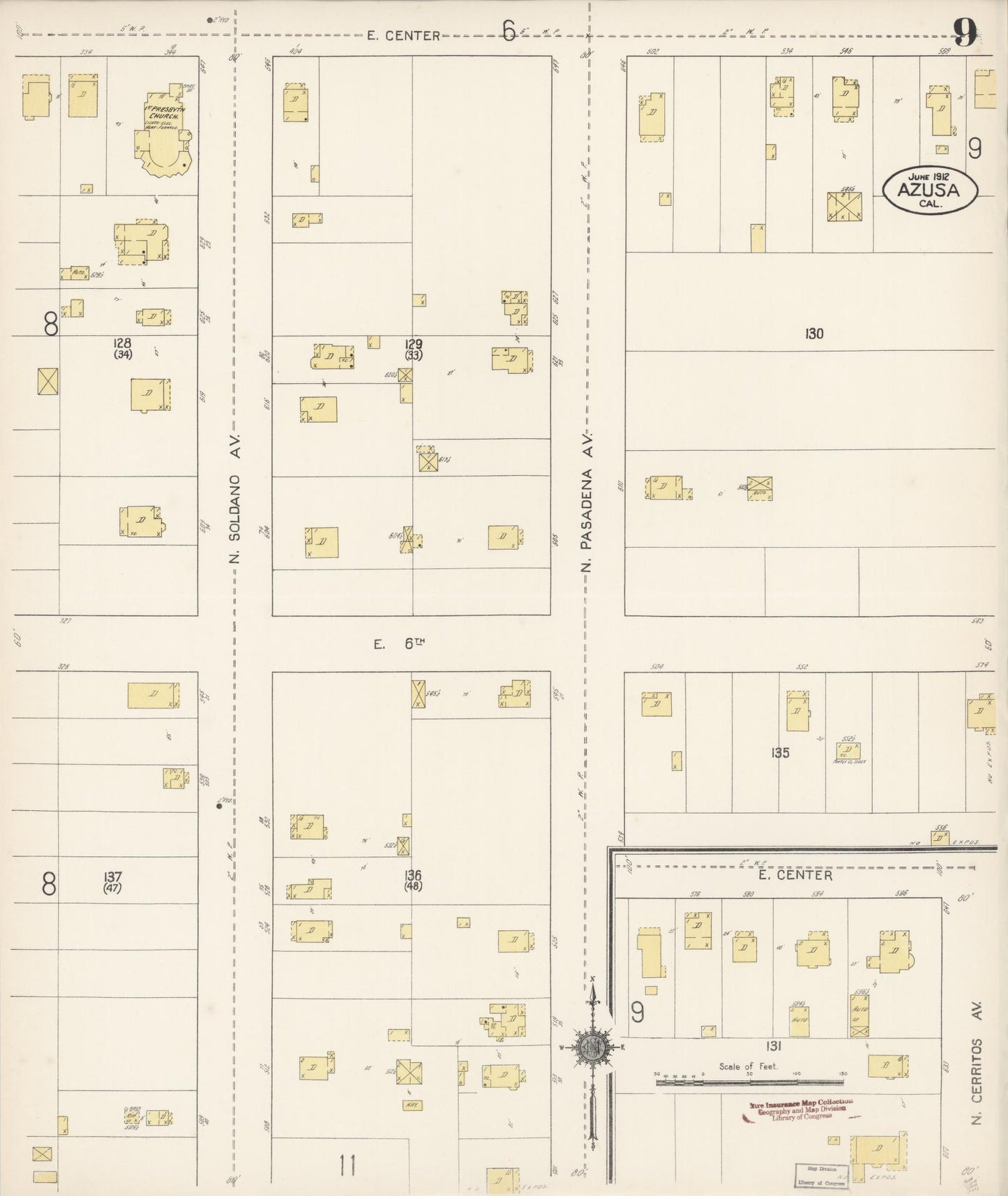 Sanborn Fire Insurance Map from Azusa, Los Angeles County, California (1912), Sheet #0009 - Historic Sanborn Fire Insurance Map Print, vintage old map wall art, antique decor, genealogy gift, California California map