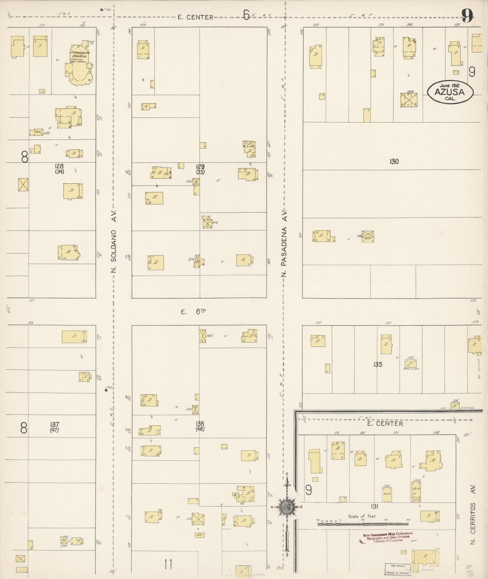 Sanborn Fire Insurance Map from Azusa, Los Angeles County, California (1912), Sheet #0009 - Historic Sanborn Fire Insurance Map Print, vintage old map wall art, antique decor, genealogy gift, California California map