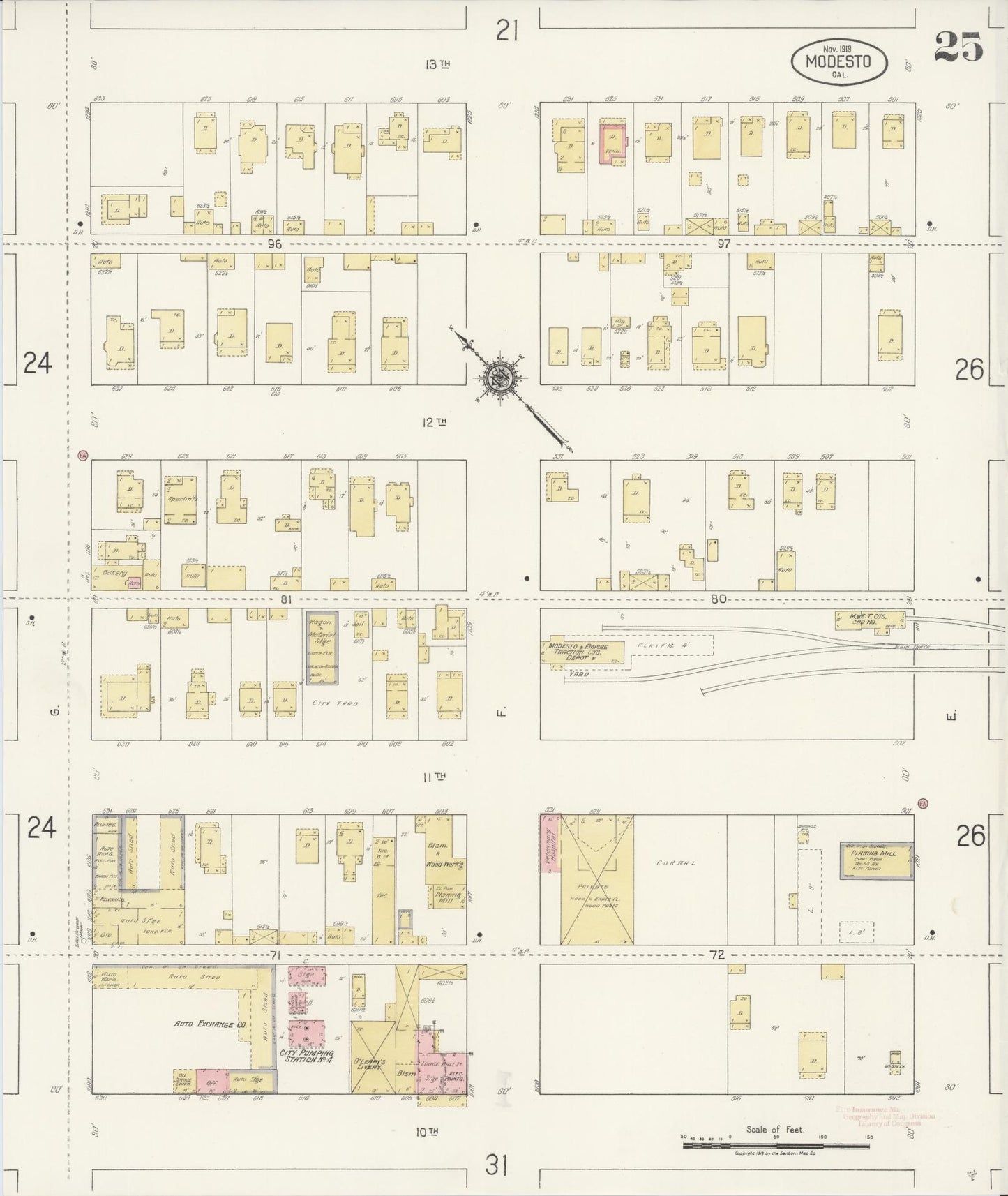 Sanborn Fire Insurance Map from Modesto, Stanislaus County, California (1919), Sheet #0025 - Historic Sanborn Fire Insurance Map Print, vintage old map wall art, antique decor, genealogy gift, California California map