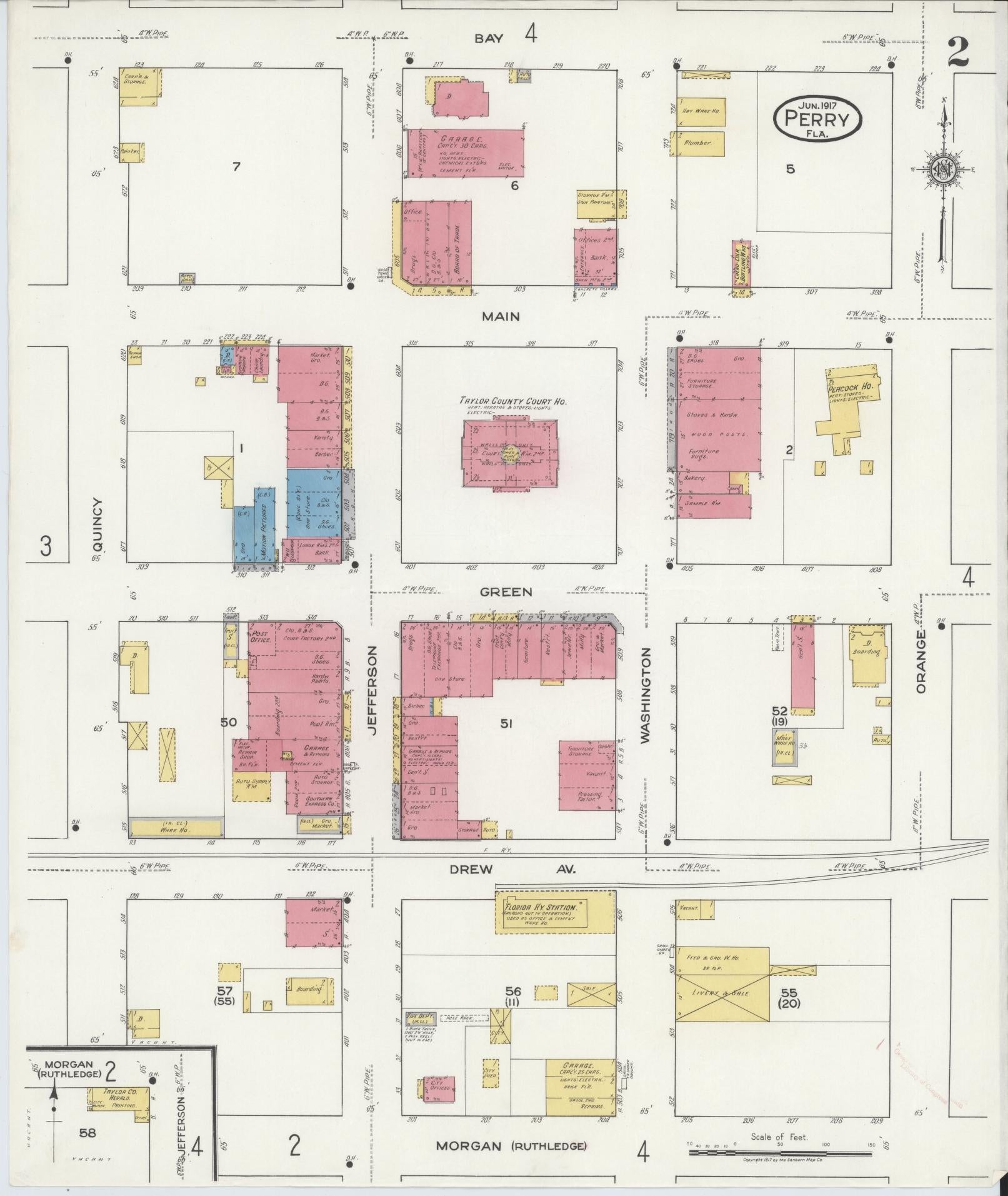 Sanborn Fire Insurance Map from Perry, Taylor County, Florida (1917), Sheet #0002 - Complete Map Set gallery image, historic Sanborn map, vintage wall art, Florida Florida