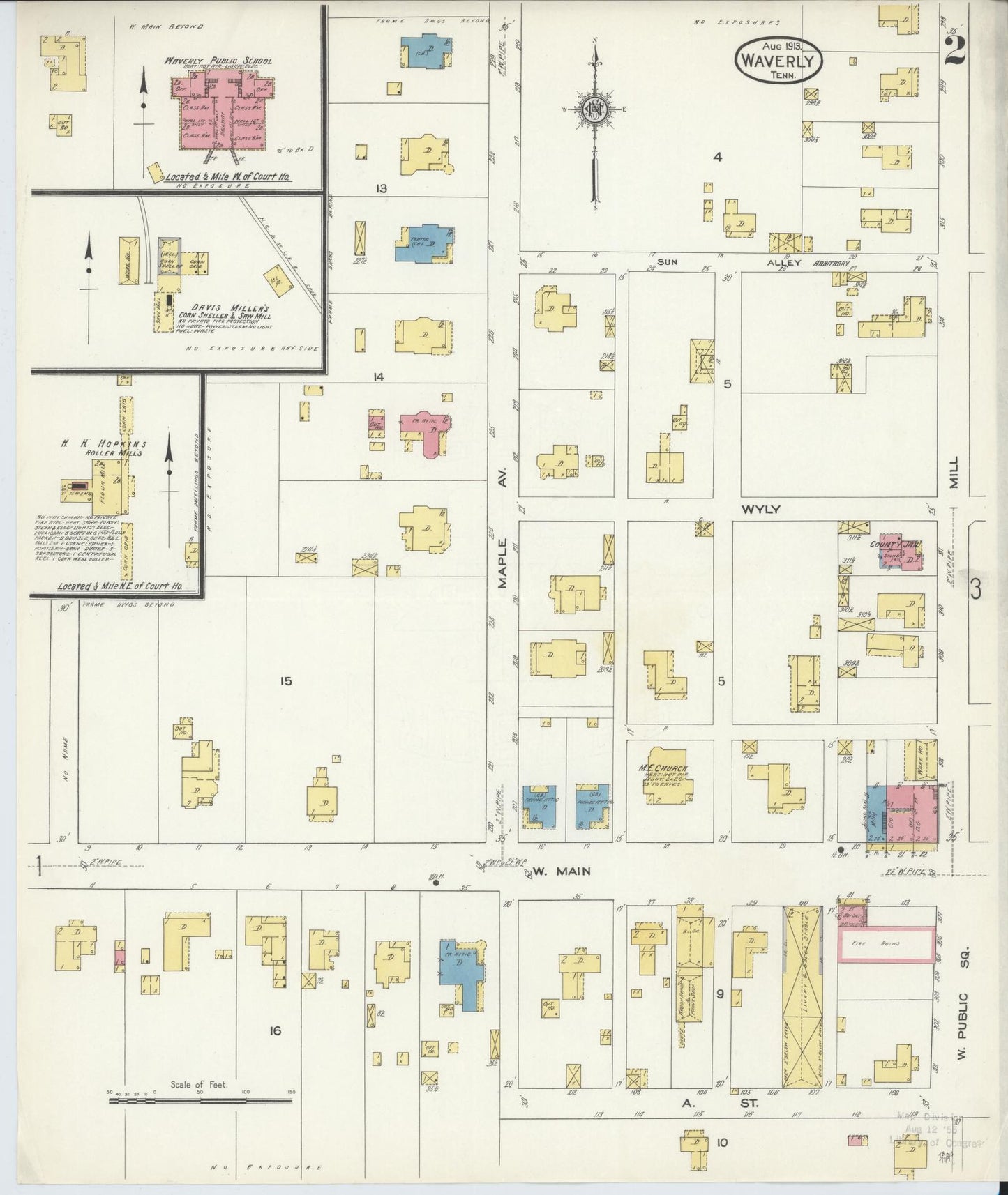 Sanborn Fire Insurance Map from Waverly, Humprheys  County, Tennessee (1913), Sheet #0002 - Complete Map Set gallery image, historic Sanborn map, vintage wall art, Tennessee Tennessee