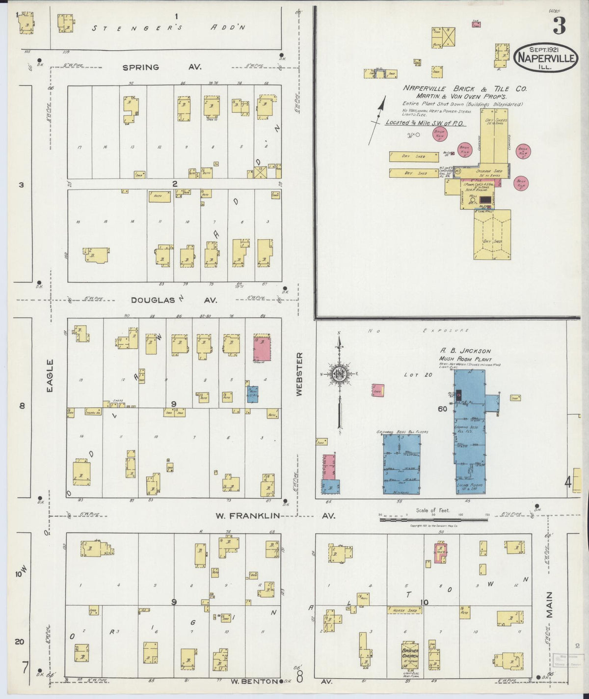 Sanborn Fire Insurance Map from Naperville, Du Page County, Illinois (1921), Sheet #0003 - Historic Sanborn Fire Insurance Map Print, vintage old map wall art, antique decor, genealogy gift, Illinois Illinois map