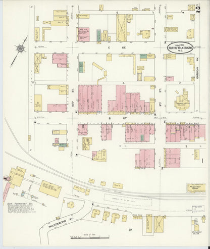 Sanborn Fire Insurance Map from North Wilkesboro, Wilkes County, North Carolina (1910), Sheet #0002 - Historic Sanborn Fire Insurance Map Print, vintage old map wall art, antique decor, genealogy gift, North Carolina North Carolina map