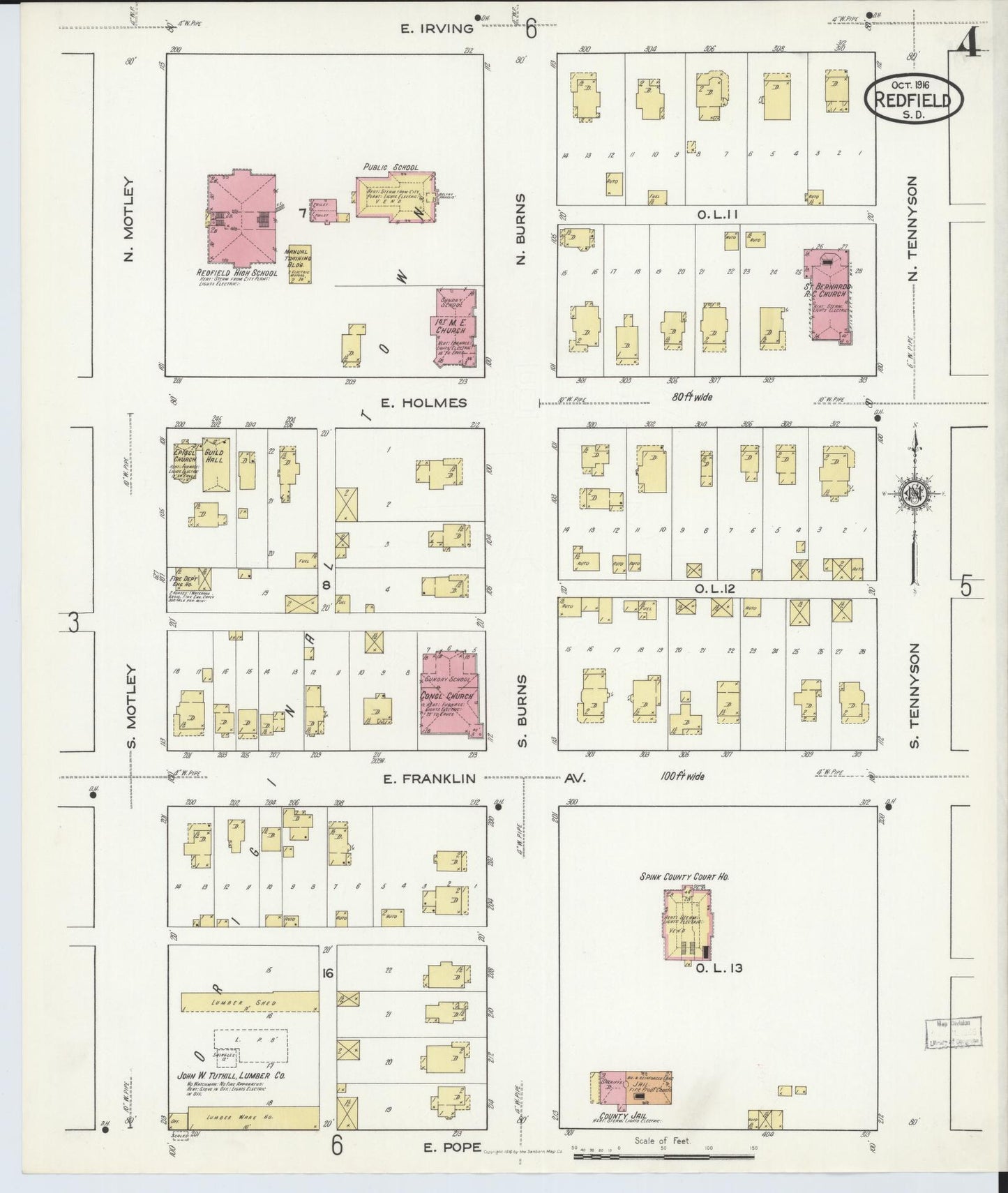 Sanborn Fire Insurance Map from Redfield, Spink County, South Dakota (1916), Sheet #0004 - Complete Map Set gallery image, historic Sanborn map, vintage wall art, South Dakota South Dakota
