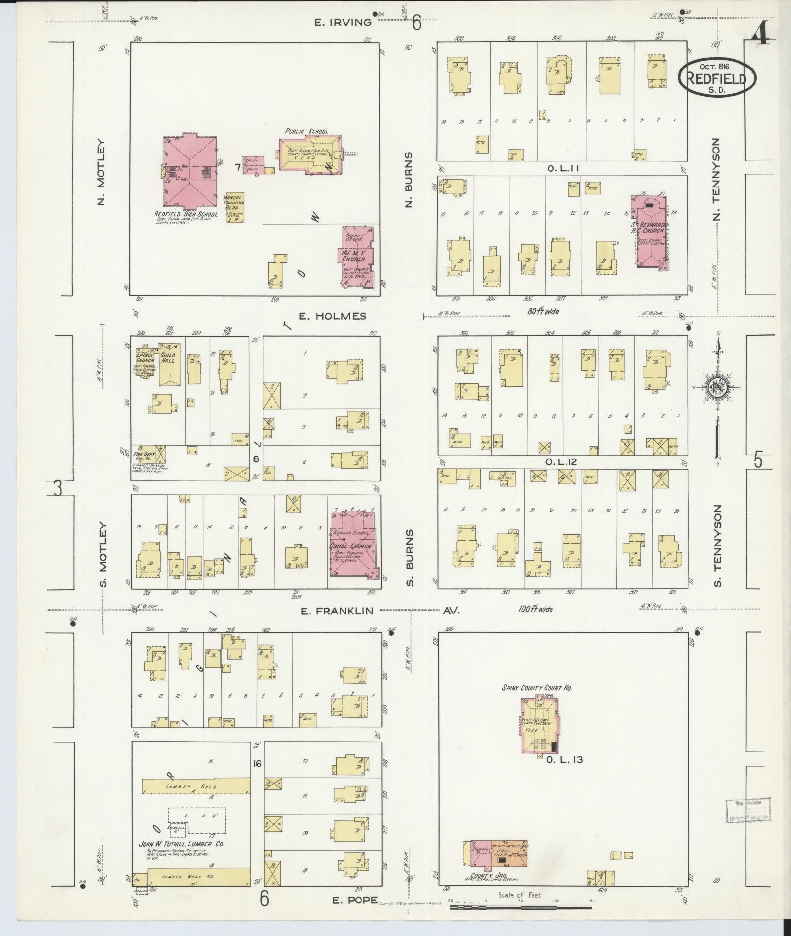Sanborn Fire Insurance Map from Redfield, Spink County, South Dakota (1916), Sheet #0004 - Complete Map Set gallery image, historic Sanborn map, vintage wall art, South Dakota South Dakota
