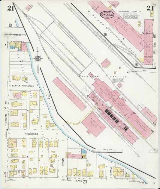 Sanborn Fire Insurance Map from Owosso, Shiawassee County, Michigan (1924), Sheet #0021 - Historic Sanborn Fire Insurance Map Print, vintage old map wall art, antique decor, genealogy gift, Michigan Michigan map