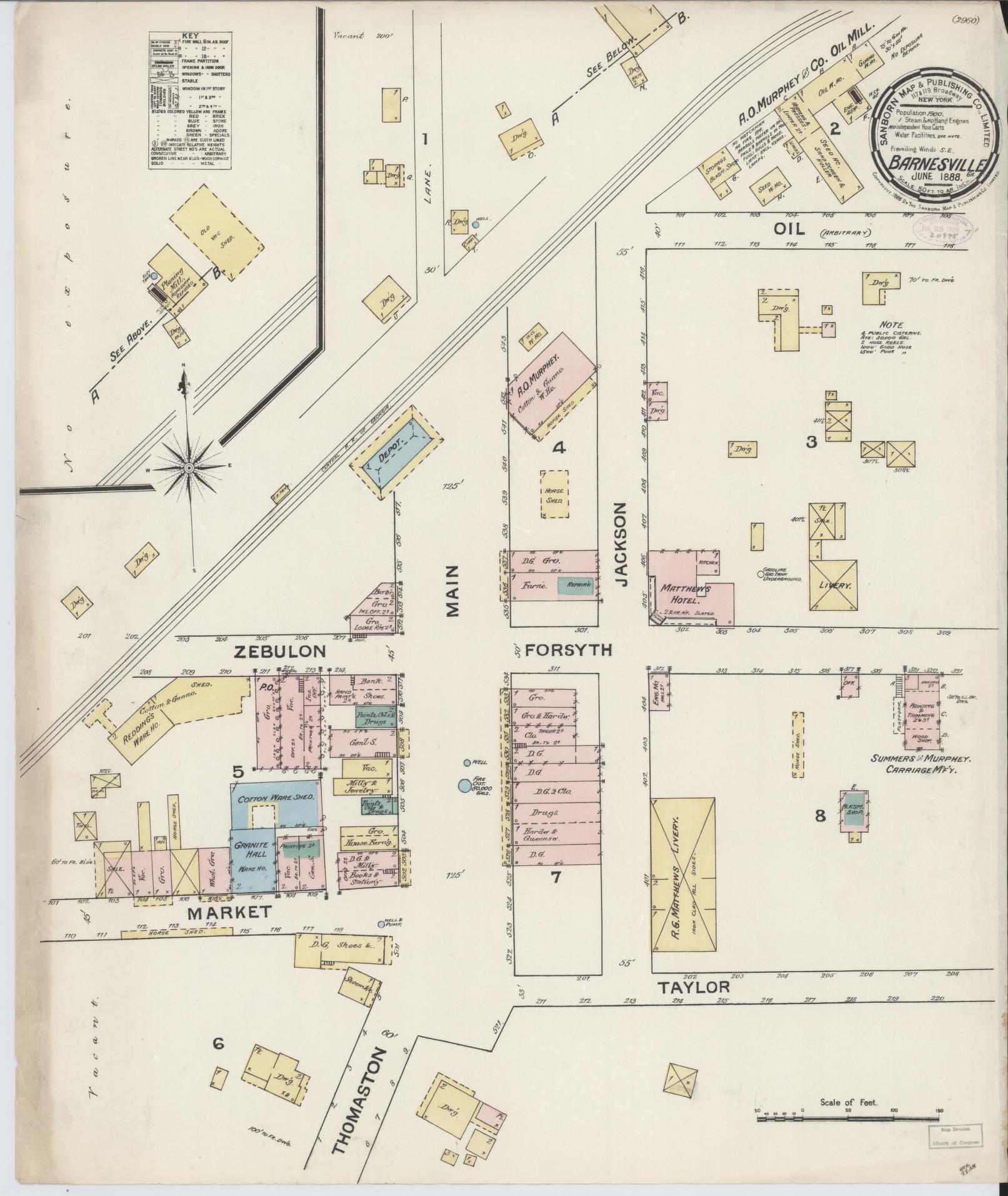 Sanborn Fire Insurance Map from Barnesville, Lamar County, Georgia (1888), Sheet #0001 - Historic Sanborn Fire Insurance Map Print, vintage old map wall art, antique decor, genealogy gift, Georgia Georgia map