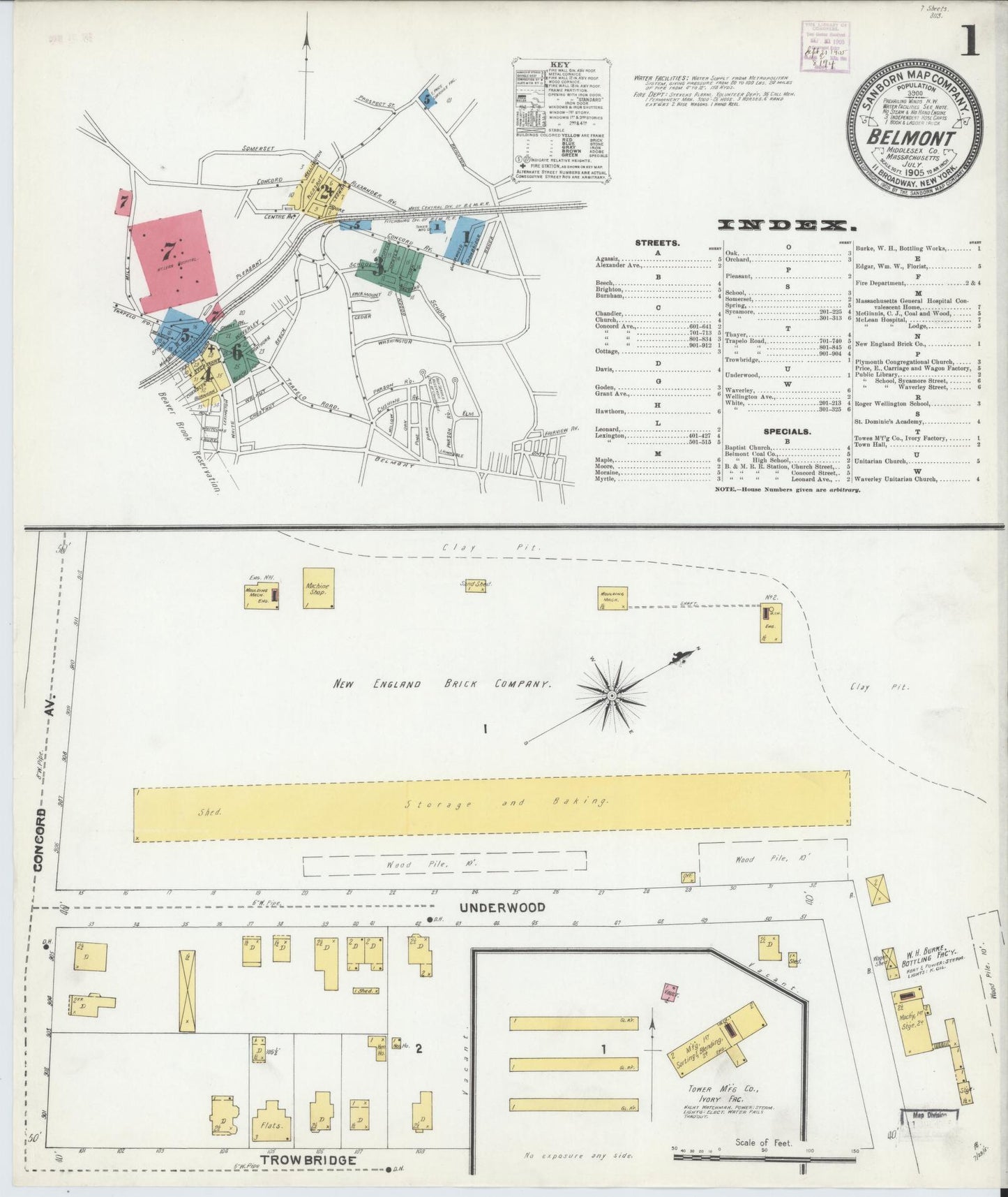 Sanborn Fire Insurance Map from Belmont, Middlesex County, Massachusetts (1905), Sheet #0001 - Historic Sanborn Fire Insurance Map Print, vintage old map wall art, antique decor, genealogy gift, Massachusetts Massachusetts map