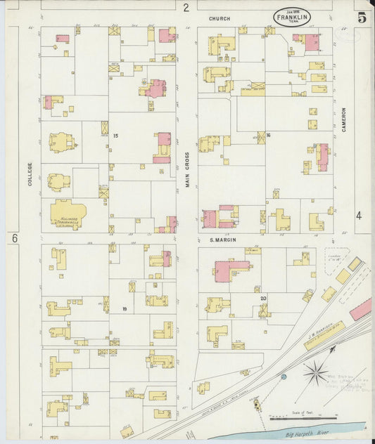 Sanborn Fire Insurance Map from Franklin, Williamson County, Tennessee (1898), Sheet #0005 - Historic Sanborn Fire Insurance Map Print, vintage old map wall art, antique decor, genealogy gift, Tennessee Tennessee map