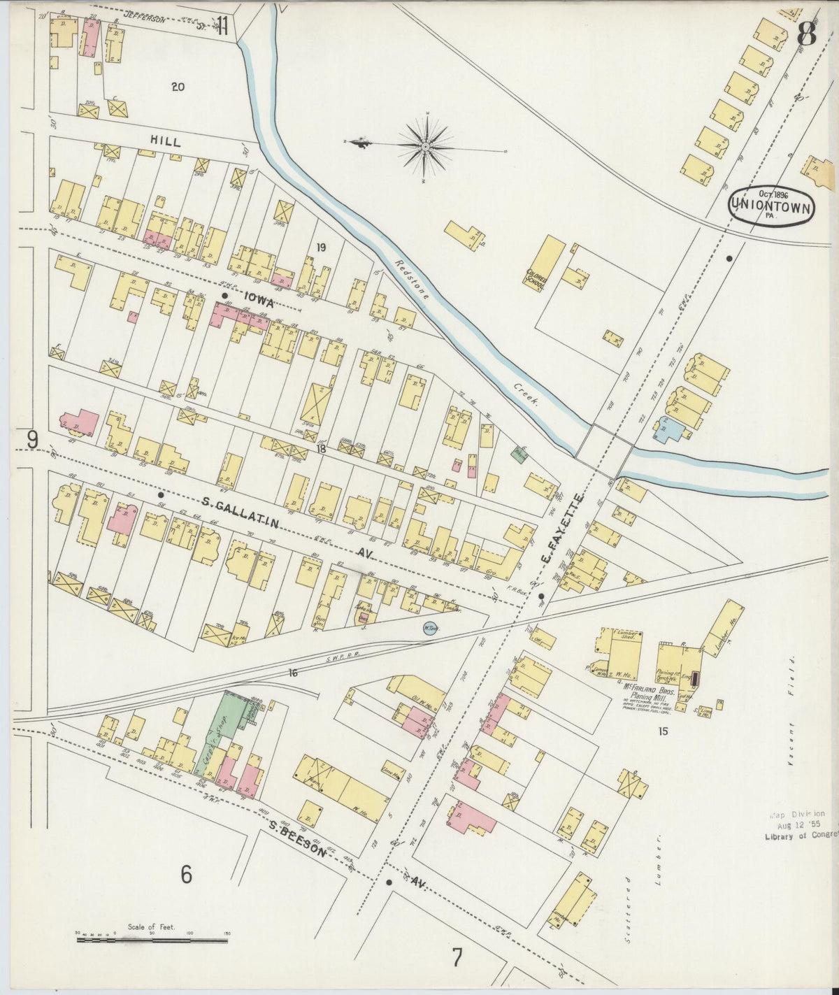 Sanborn Fire Insurance Map from Uniontown, Fayette County, Pennsylvania (1896), Sheet #0008 - Historic Sanborn Fire Insurance Map Print, vintage old map wall art, antique decor, genealogy gift, Pennsylvania Pennsylvania map