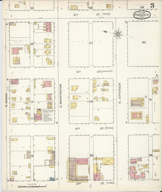 Sanborn Fire Insurance Map from Phoenix, Maricopa County, Arizona (1893), Sheet #0003 - Historic Sanborn Fire Insurance Map Print, vintage old map wall art, antique decor, genealogy gift, Arizona Arizona map