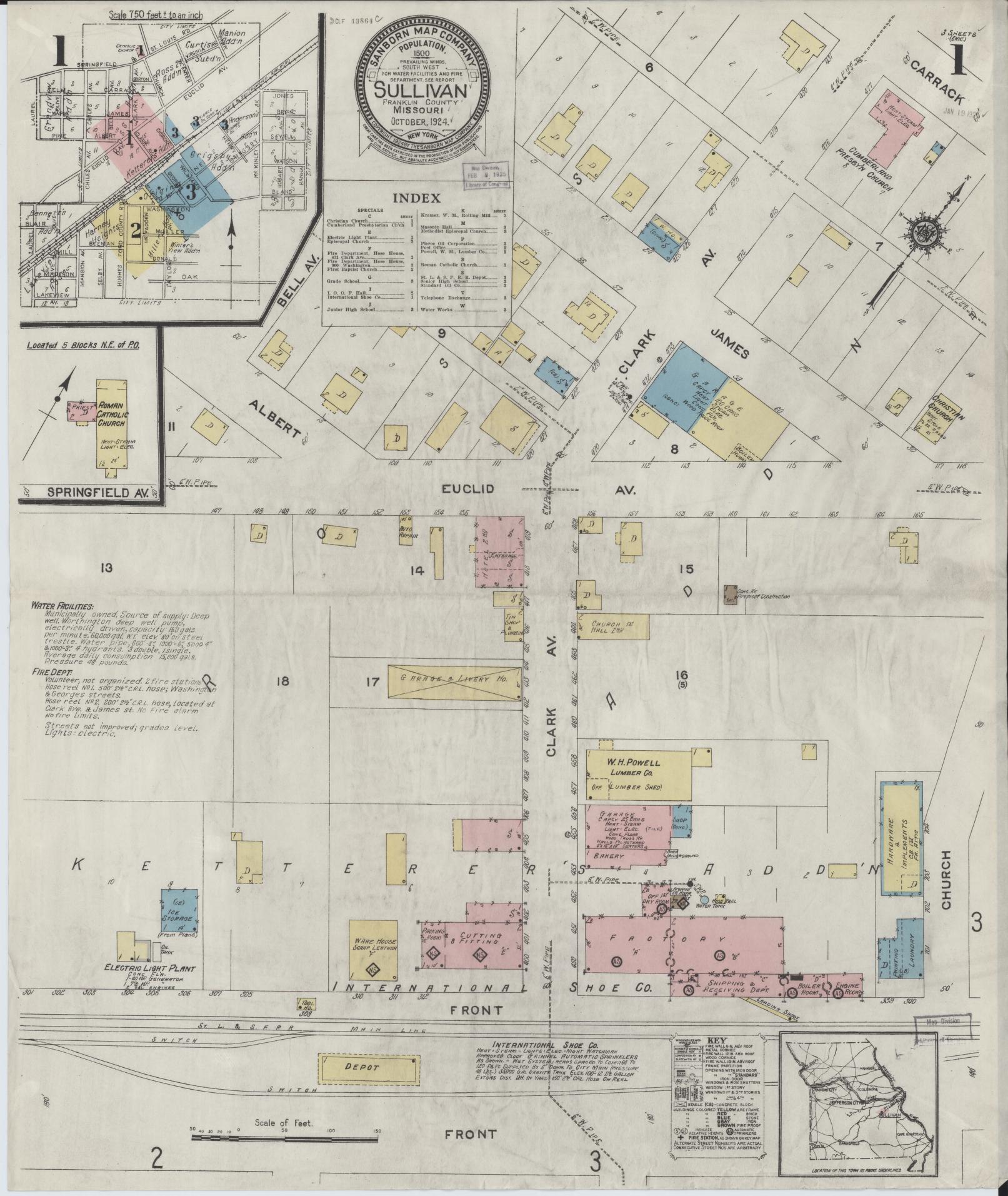 Sanborn Fire Insurance Map from Sullivan, Franklin County, Missouri (1924), Sheet #0001 - Historic Sanborn Fire Insurance Map Print, vintage old map wall art, antique decor, genealogy gift, Missouri Missouri map