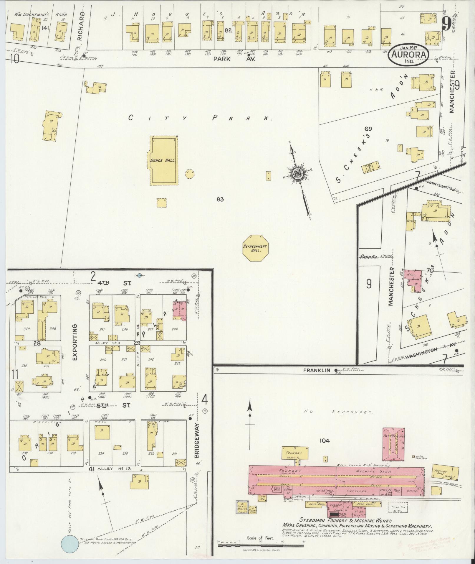 Sanborn Fire Insurance Map from Aurora, Dearborn County, Indiana (1917), Sheet #0009 - Complete Map Set gallery image, historic Sanborn map, vintage wall art, Indiana Indiana