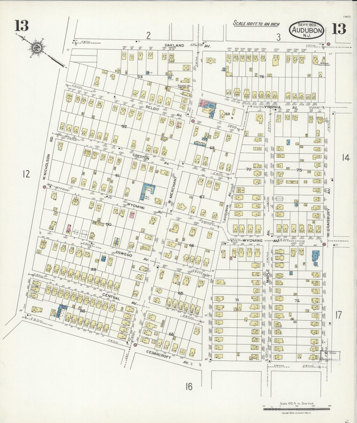 Sanborn Fire Insurance Map from Audubon, Camden County, New Jersey (1924), Sheet #0013 - Historic Sanborn Fire Insurance Map Print, vintage old map wall art, antique decor, genealogy gift, New Jersey New Jersey map